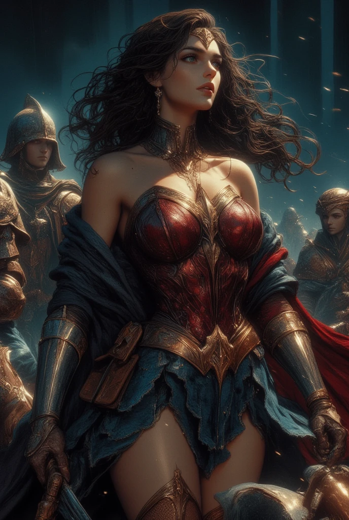 arafed image of a woman in a corset dress standing in front of a robot, greg hildebrandt and mark brooks, brass armor, post - apocalyptic warriors, portrait of wonder woman, the style of wlop, les automatistes, douglas smith, protagonist in foreground, heavy brown metallic armor, el dorado, advanced digital game coverart, hyperborea princess --auto --s2