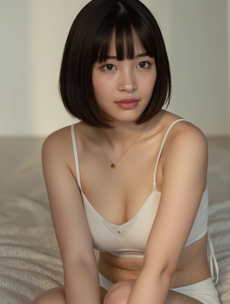 Young woman with short hair sitting in a room wearing white underwear