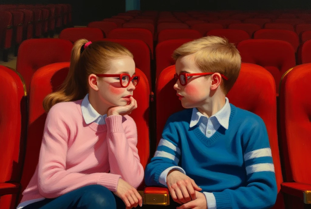 Edward hopper style oil on canvas painting of a girl and a boy, seated in a cinema. The girl, positioned on the left, has light brown hair tied in a ponytail and is wearing red-framed glasses, a pink shirt, and a light pink sweater. She rests her chin on her hand. The boy, on the right, has short blond hair and is also wearing red-framed glasses. He is dressed in a blue sweater with white stripes and a light blue shirt underneath. His hand is resting on the armrest as well, and he appears to be secretly looking at the girl. They are holding hands with each other. The background shows rows of empty, red cushioned seats, indicating an empty theatre. The seats are arranged in a typical cinema layout, with a slight diagonal pattern. The overall ambiance is dim, suggesting it is a late-night or early-morning viewing. The lighting is soft, casting a warm glow over the scene. The image conveys a sense of shyness, anticipation and quiet contemplation, with their expressions suggesting they are uncomfortably excited.