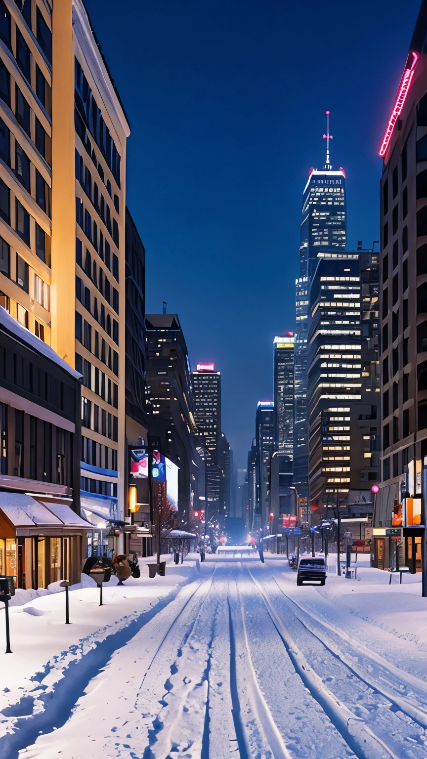 Snowy city street with a car driving down it at night - SeaArt AI