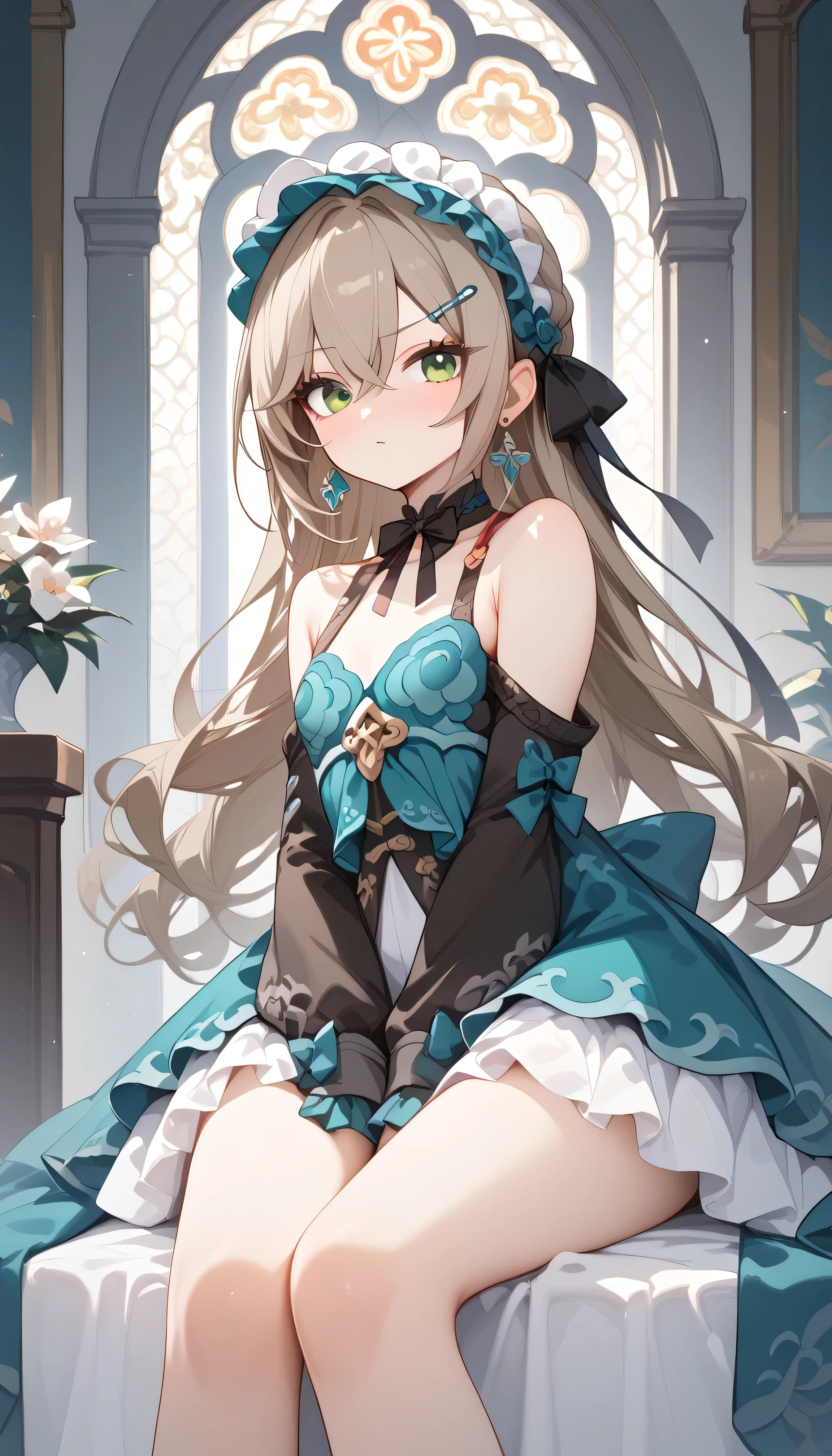 small breasts, brown hair, green eyes,  long hair on background, hairpin, qingque,　Alone,  eyebrow visible from inside hair ,  hair between eyes　 top quality, very aesthetic, bare shoulders　gothic lolita　detachable sleeve　 Headdress　Frills　ribbon　Earrings　palace　 stained glass　blush　Puzzled