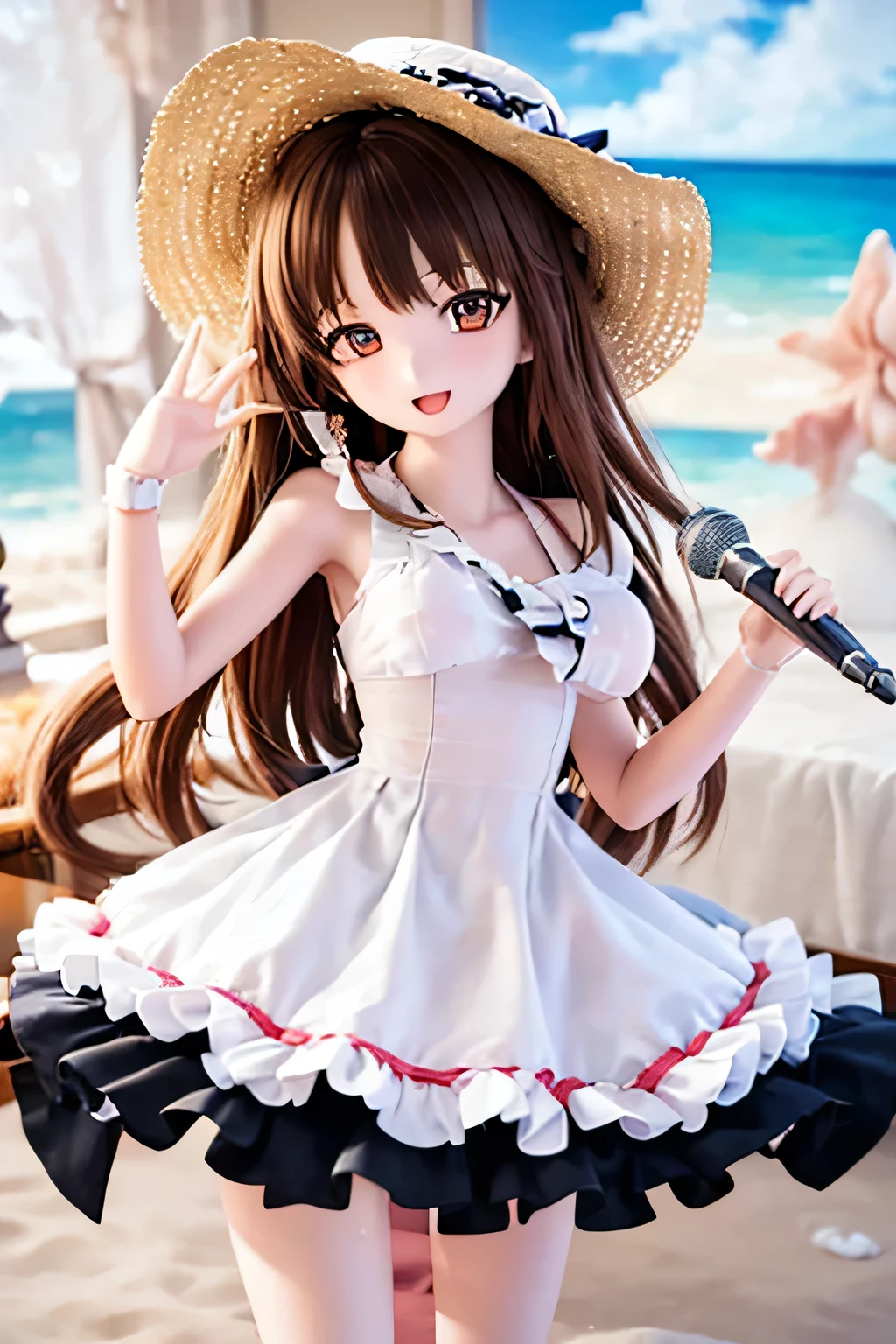 (SFW:2), photorealistic, realistic photo, 8k, Canon EOS, ((highest quality)), ((masterpiece)), (extremely detailed), dd, doll, head tilt, (mature woman, 21yo, 21 years old, solo, plastic skin, beach:1.6), (from front, singing, holding microphone, slim, skinny, slender, brown hair, long hair, frilled swimsuit, straw hat, smile, open mouth, brown eyes, glass eyes, shining eyes, looking at viewer, detailed face:1.3)