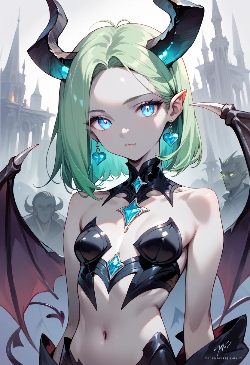 masterpiece, high definition , top quality,8k
(Young,succubus,small breasts,skinny,gray skin, blue eyes,glowing eyes, green hair,waist-length hair,parted bang)