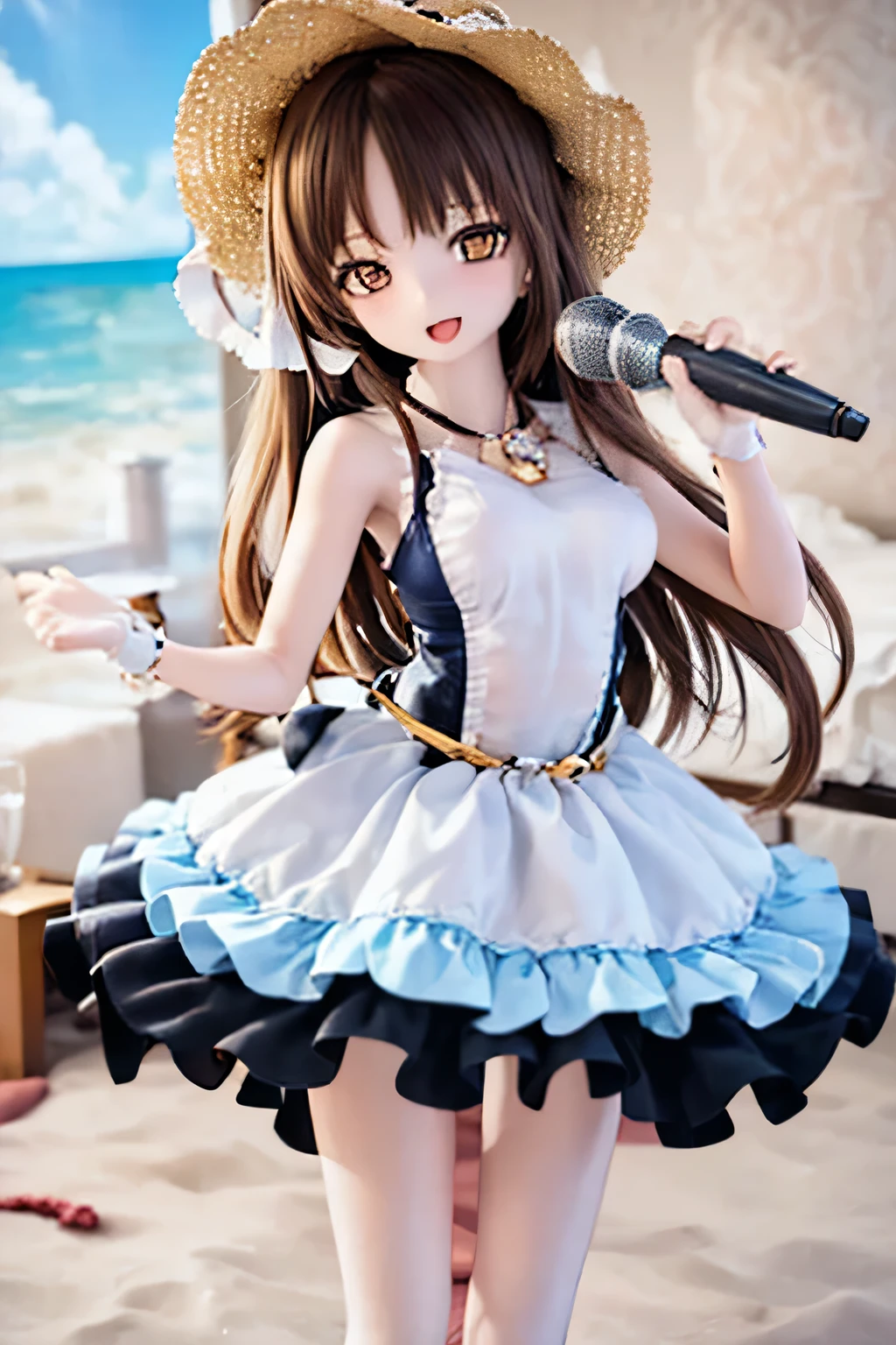 (SFW:2), photorealistic, realistic photo, 8k, Canon EOS, ((highest quality)), ((masterpiece)), (extremely detailed), dd, doll, head tilt, (mature woman, 21yo, 21 years old, solo, plastic skin, beach:1.6), (from front, singing, holding microphone, slim, skinny, slender, brown hair, long hair, frilled swimsuit, straw hat, smile, open mouth, brown eyes, glass eyes, shining eyes, looking at viewer, detailed face:1.3)