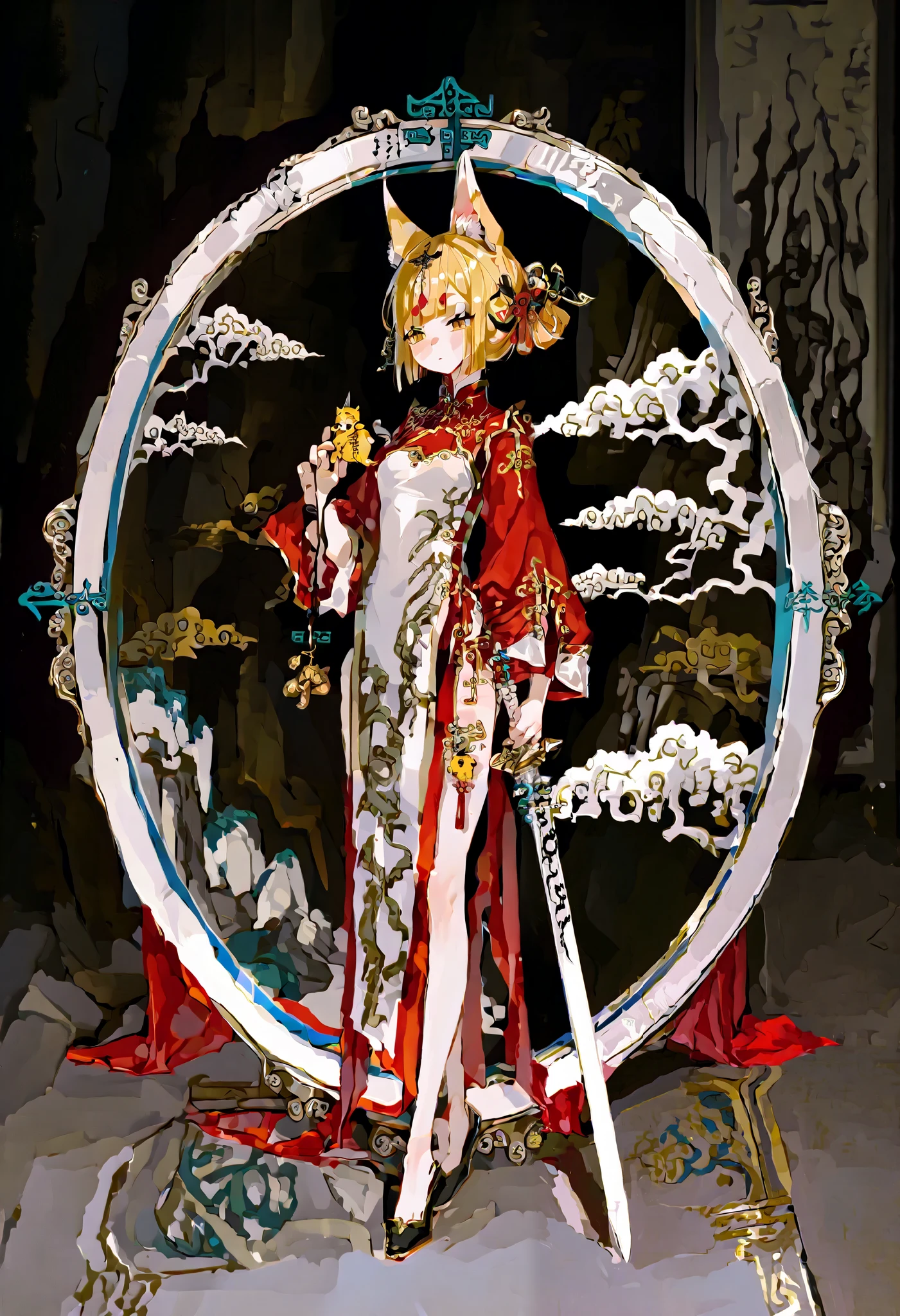  The yellow charm bandage, the girl's full body cheongsam, multi-sided display, exquisite vertical painting, OC, white sword man, Jiang Hu, holding the charm hairstyle, a special one with bells hanging, animal ears, exquisite details, vivid display 4k