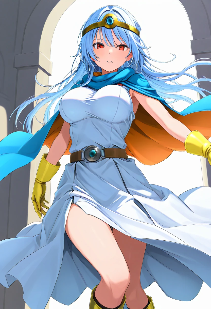 BREAK 1girl, shape, _(dq3), Diagonal bang, Bright light Blue Hai, masterpiece, Long Hair, Blue Hair, Circlet, Red eyes, large breasts, Yellow gloves, White Dress, belt, Cape, boots,