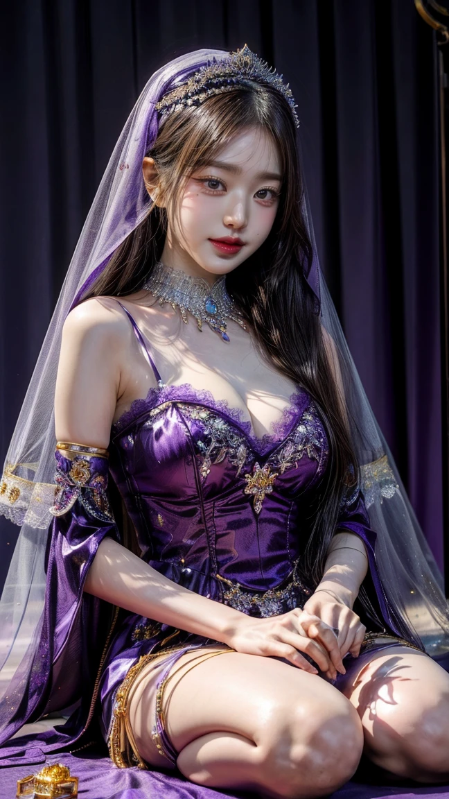 8K, ultra HD, masterpiece, realistic, 1 girl, good face, smoggy makeup, very long hair, princess hairstyle, detailed eyes, detailed lips, medium figure, very detailed dress, (purple dress:1.5), (strap:1.5), (lace:1.5), (net stocking:1), (jewelry:1.8), (princess castle background:1.5), water, bloom lighting, night lighting, darkness,