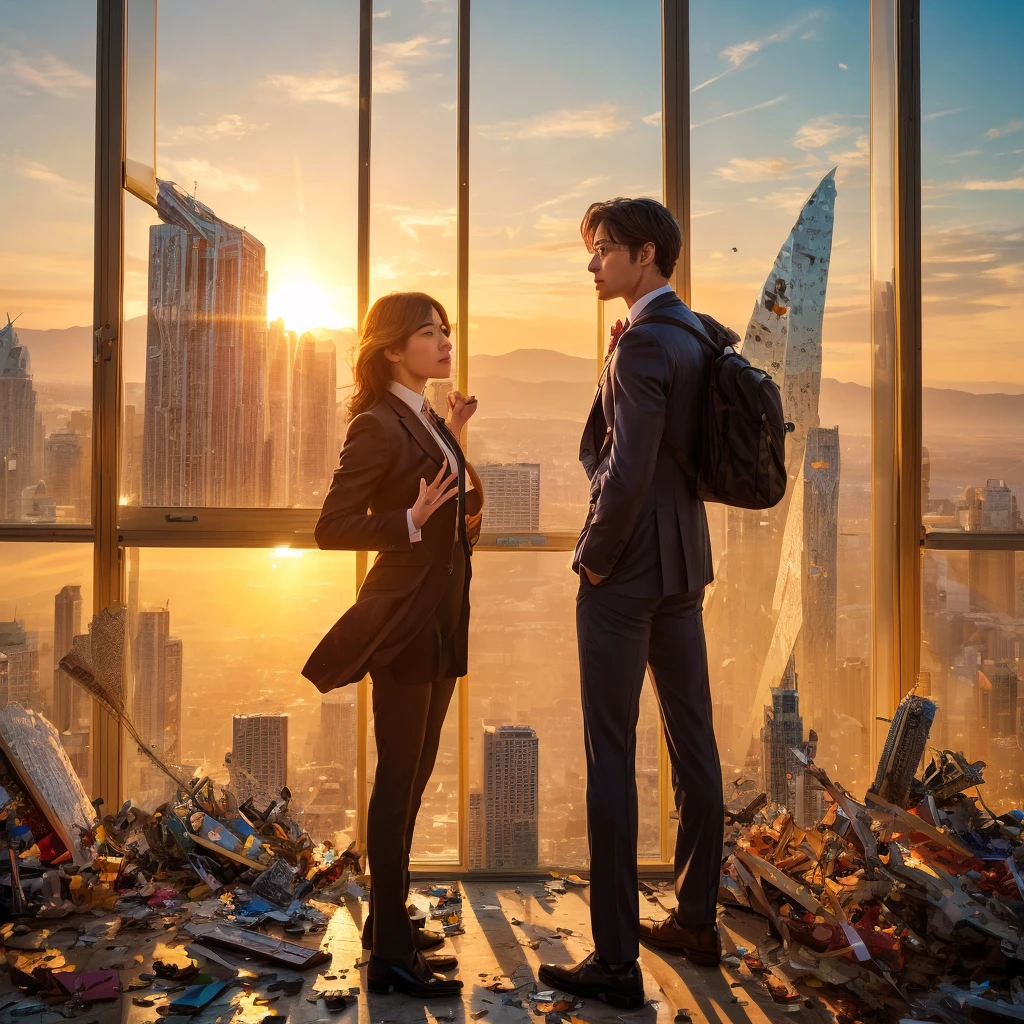 A determined and focused individual stands resolutely amidst a scene of controlled chaos, surrounded by shattered pieces of a smartphone, their eyes fixed on a distant, ambitious goal. Impeccably dressed in sharp, modern business attire, their posture is upright, strong, and exuding unwavering confidence and competence, demonstrating their independence from technological reliance. The scene unfolds in a bright, spacious, and modern office with expansive windows, with sunlight streaming in, casting warm, golden hues and creating a sense of limitless potential and opportunity. The shattered smartphone pieces are deliberately scattered around, each fragment symbolizing liberation from the confines of technology, a metaphor for breaking free from dependence and limitations. A majestic, symbolic sunrise rises vibrantly behind a distant mountain in the background, enhancing the dynamic and motivational tone, promising new beginnings and fresh possibilities. The lighting is cinematic, utilizing soft, diffused key lights from the windows and subtle backlights, creating a powerful sense of forward momentum and liberation, emphasizing the individual's strength and resolve. Film grain adds texture and depth, while the color grading is vibrant and warm, further enhancing the scene's uplifting and empowering atmosphere, a testament to the individual's ability to thrive independently of technology. masterpiece, best quality, ultra-highres, 8k, intricate detail, dynamic lighting, detailed texture, sharp focus, vibrant colors, volumetric lighting