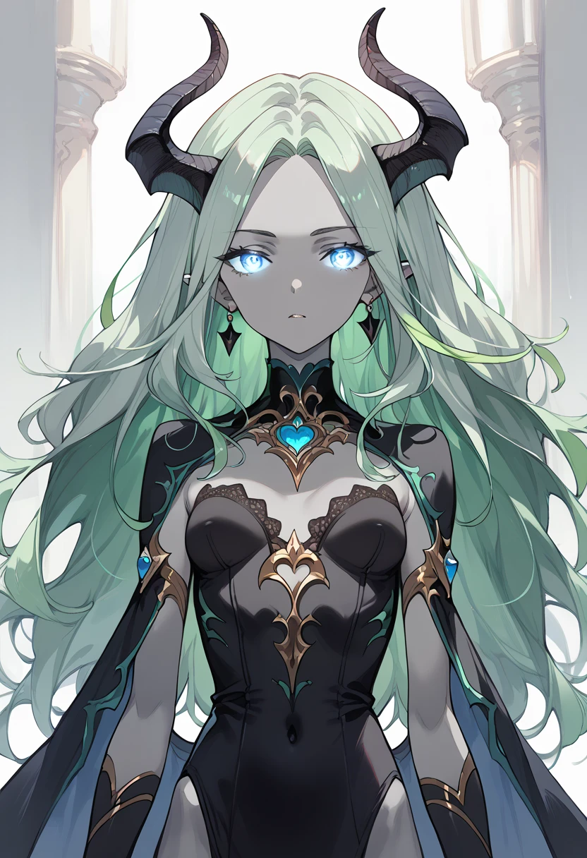 masterpiece, high definition , top quality,8k
(Young,succubus,small breasts,skinny,gray skin, blue eyes,glowing eyes, green hair,waist-length hair,parted bang)