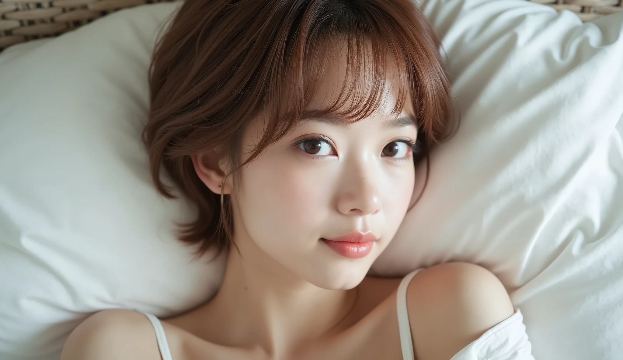 ((masterpiece, highest quality, High resolution, Photoreal, RAW photo, 8k wallpaper)), very detailed, A smile staring at me、(1 45 year old Japanese mature woman:1.1)、(accurate anatomy:1.1)、 women sexy, detailed face, beautiful eyes, bangs, soft little cleavage、(finest bra、finest panties)、perfect makeup、long eyelashes、lipstick、(very short hair:1.1), plump and beautiful lips, Beautiful shiny lips、(woman face closeup:1.1)、(Luxury love hotel bedroom:1.1)、(There are curls on the ends of the hair:1.1)、Warm and romantic lighting, moody colors