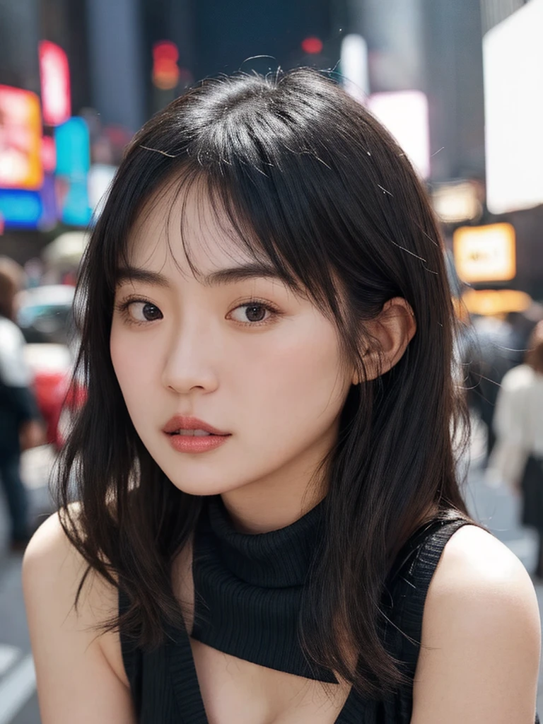 (all real RAW photo of perfectly reproduced in every detail of 27yo japanese girl, Leaning forward, realistic, photo-realistic, night, Times Square, cityscape, city lights, short neck, short stature, narrow shoulders, Tempting sensuality, bushy eyebrows, crisp eyebrows, long eyelashes, sparkling eyes, gleam eyes, Thick lips, Small lips, straight hair with bangs, flipped hair, so that every single hair is clearly visible, huge breasts, cleavage, bursting breasts, Virgin-Killing Sweater, Sleeveless, Open-back design, Turtleneck collar, Knitted fabric, light black wool, Bodycon fit, lifelike skin texture, fine vellus hair, micro skin relief, macro skin detail, uneven skin tone, bare skin, pores, perfectly reproduced of looks like a real human, photo quality, 35mm film, telephoto lens, bokeh, RAW file image, 1/2000 second, ISO100, mastering the rule of thirds, creating leading lines for depth, capturing candid moments, using a shallow depth of field, Incorporating reflections creatively, playing with shadows and light, shooting with a wide aperture, utilizing the golden ratio in composition, chiaroscuro),