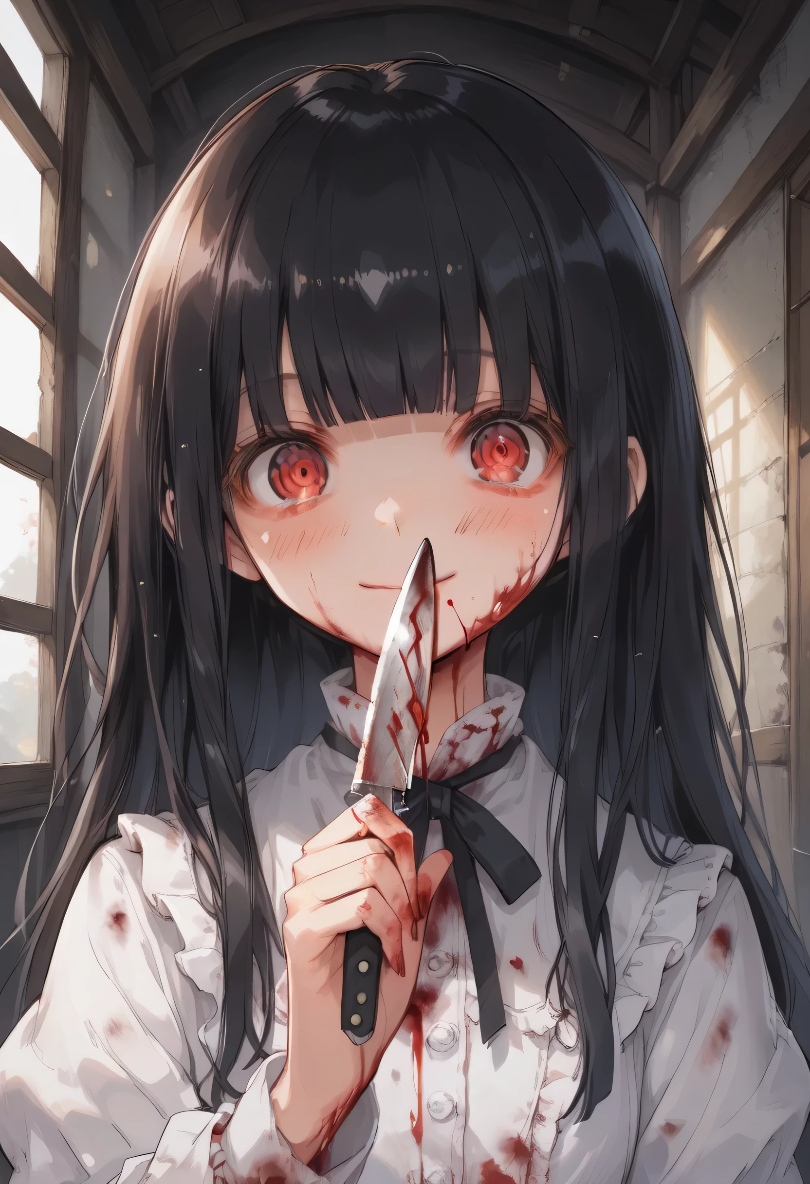 score_9, score_8_up, score_7_up, score_6_up, score_5_up, score_4_up, masterpiece, best quality, source_anime, 
alone,cute 1girl,,(loli),Black hair,straight long hair,blunt bangs,bright red eyes,blush, bleeds from eyes:1.4),Inside the bloody mansion,niji horror style,(A very dark mansion),Girl bleeding from her head、Face covered in blood,Bloody white dress 、 holding a bloody knife in one hand、whole body,口を開ける、Smile,ナイフを舐める、licking knife