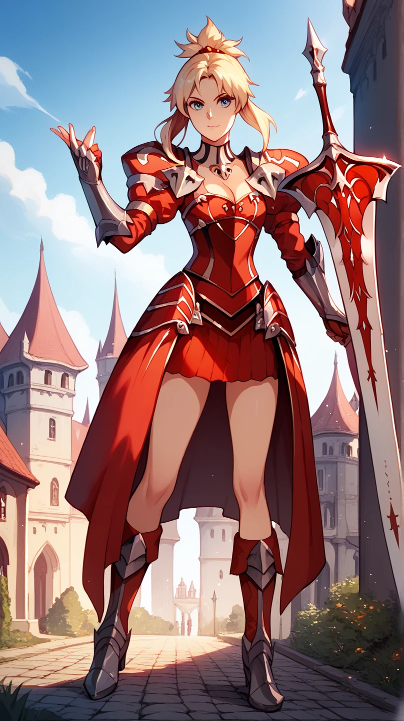  Red Long Haired Ponytail Female，Chest，cleavage，Red Armor ，Scapula，Hand guard， Slim Fit，Iron Skirt ，Thin legs，Iron Boots ， Medieval European City，Greatsword