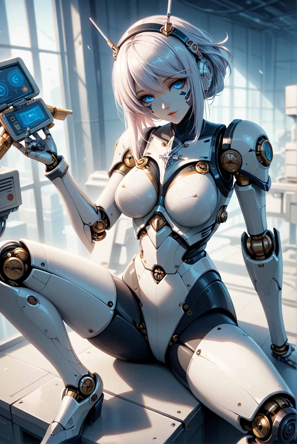 (masterpiece:1.2), (最 High Quality :1.2),  perfect eyes,  perfect face, perfect lighting, 1 girl，know, (Female Knight Robot , (mechanicalのヘッドギア, mechanicalのサークレット, mechanicalの髪)), mechanical, ( cyborg, Exoskeleton), Viewpoint Beautiful, Midea,  Details,  Beautiful Colors Great Quality from Above  , 最 High Quality ,  High Quality , Arena, Sit on a maintenance chair and spread your legs, 