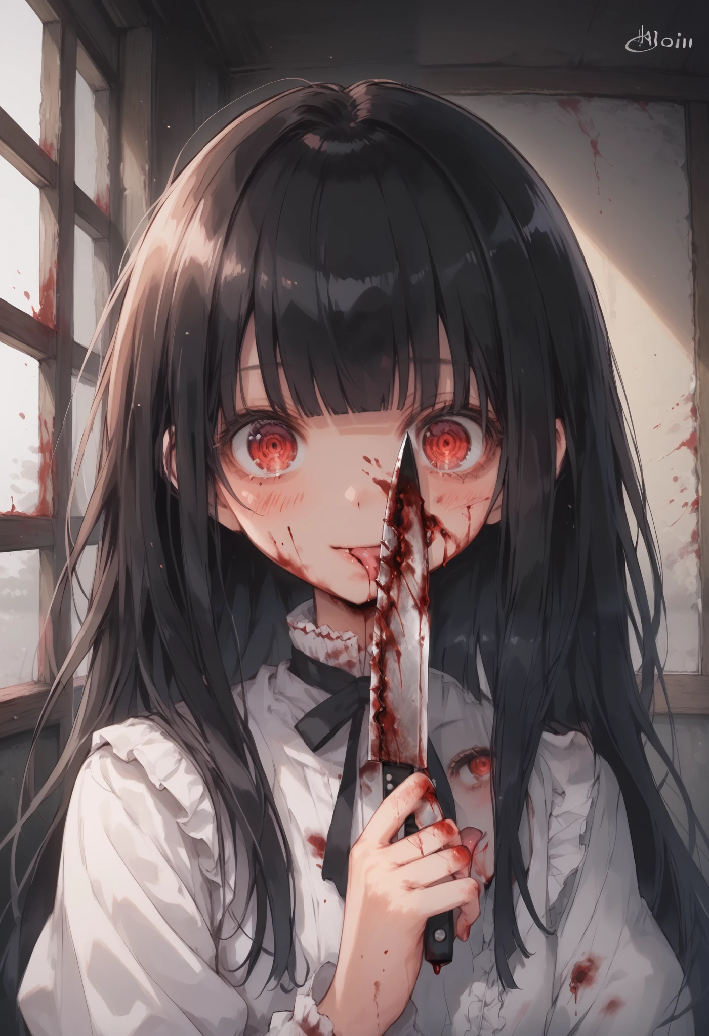 score_9, score_8_up, score_7_up, score_6_up, score_5_up, score_4_up, masterpiece, best quality, source_anime, 
alone,cute 1girl,,(**li),Black hair,straight long hair,blunt bangs,bright red eyes,blush, bleeds from eyes:1.4),Inside the bloody mansion,niji horror style,(A very dark mansion),Girl bleeding from her head、Face covered in blood,Bloody white dress 、 holding a bloody knife in one hand、whole body,口を開ける、Smile,ナイフを舐める、(licking knife:1.3)