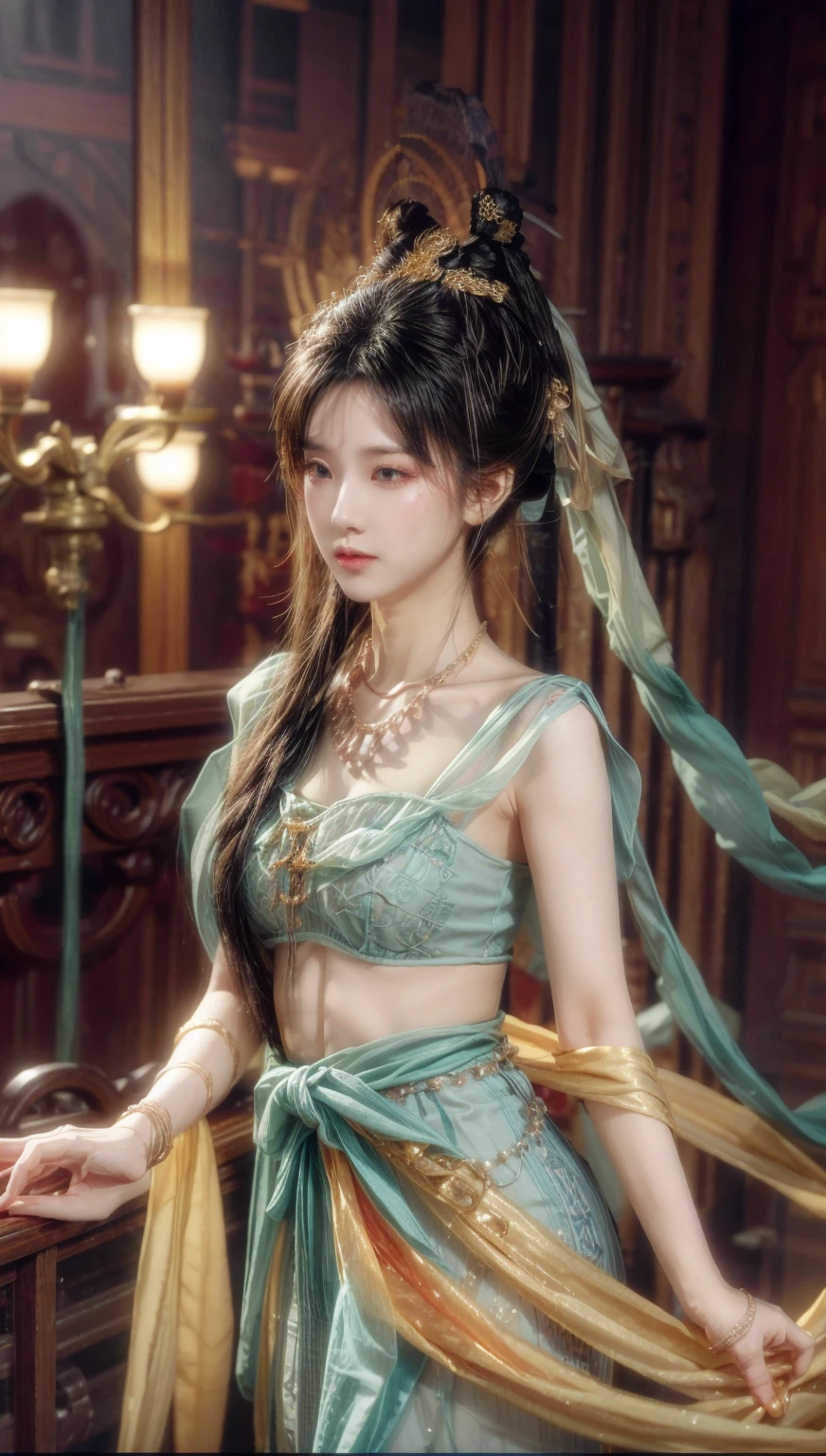 Bust photo, a beautiful woman, messy hair, girly, symmetrical bun, hair accessories, jewelry, delicate face, navel, belly, Dunhuang style, a lot of streamers, delicate skin, soft light effects, delicate and smooth hair, delicate details, eye highlights, fair skin, fine portrayal, extreme details, cinematic quality, thin, slender, broken, hair details, thin bangs, shawl hair, right body, shadow, air bangs, 8K, super fine, fine fabric texture, soft, supple, Smooth texture, Dunhuang style, delicate pattern, correct hand painting, smile, tsurime, Surrealism, ray tracing, UHD, high details, super detail, highres, 8k, high quality, high details, textured skin, ccurate