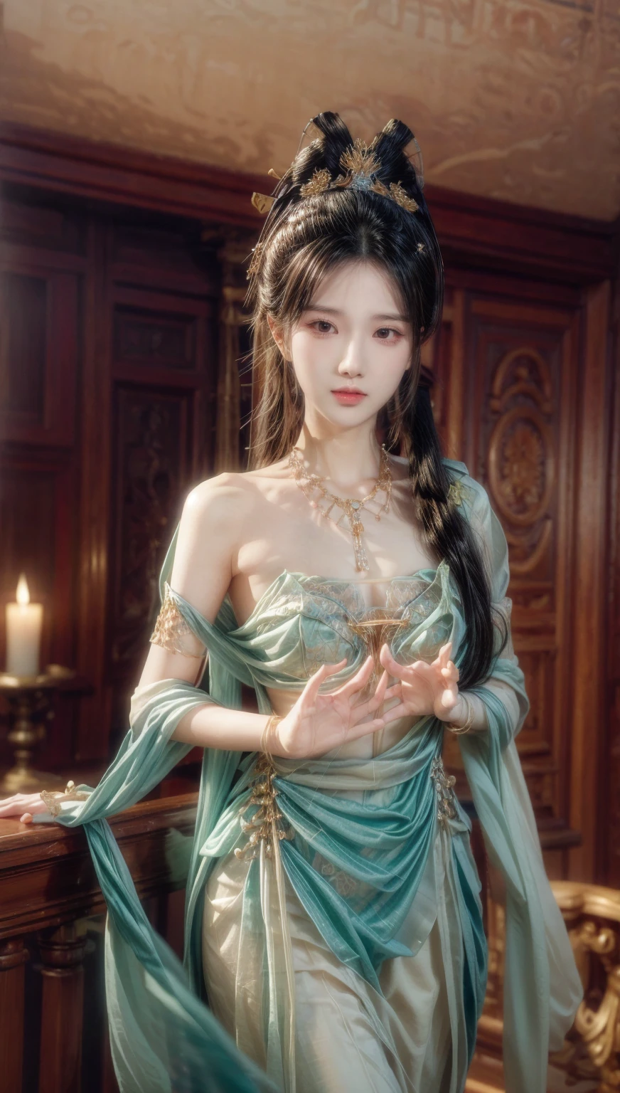 best qualtiy,tmasterpiece,Extremely detailed details,hight resolution,8K,intricate-detail,realisticlying,Photorealsitic,dramatic lighting,1girll,dunhuang_Clothes,dunhuang_Dress,Little Breast,No blockage,Through a thin veil,A glimpse of the chest,Create engaging and thought-provoking effects,cowboy lens,Different fields of view、whirling