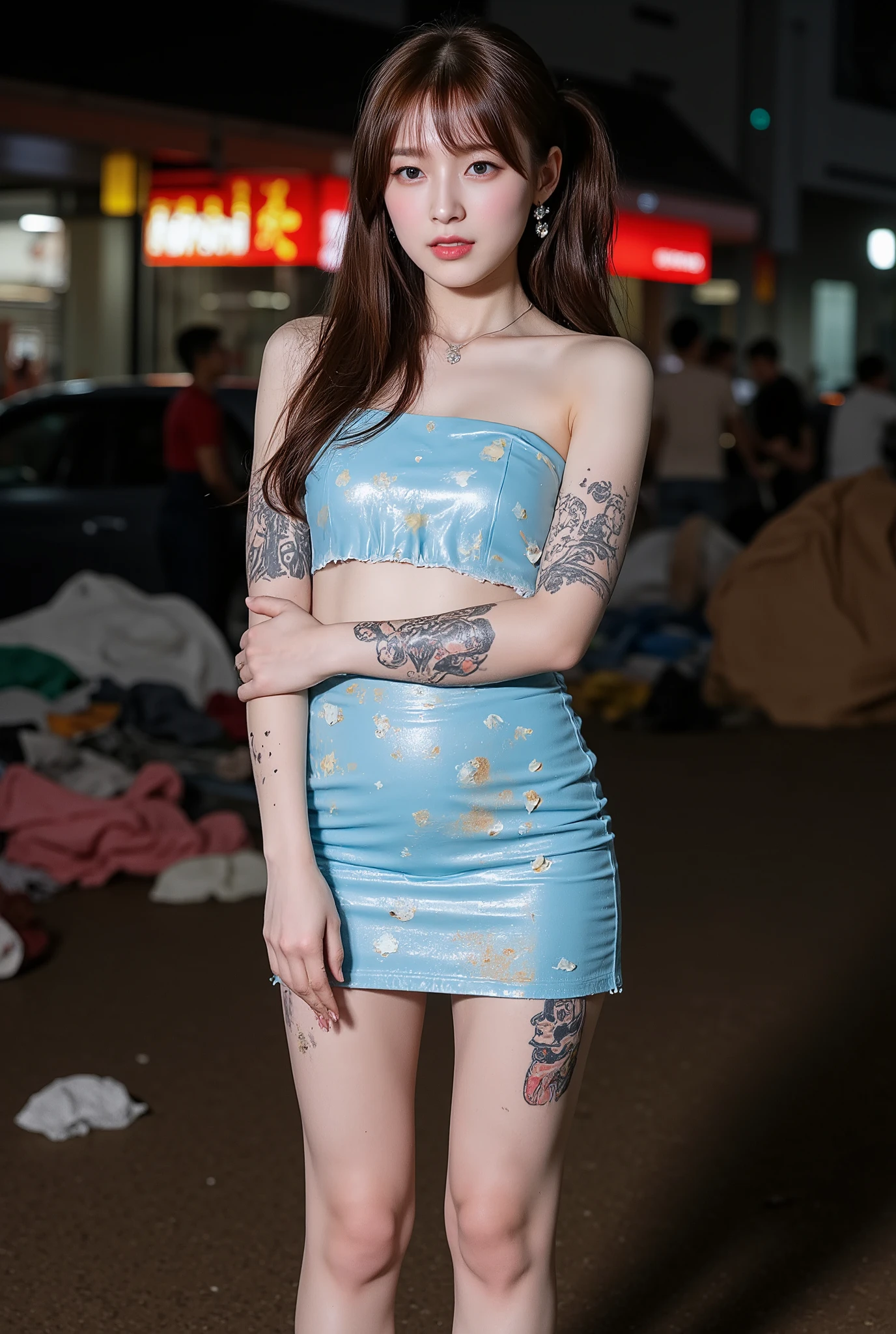 NSFW, mud, dirt, xlr_skin, 3am,
realistic, Press photo, Documentary Technique,
hasselblad, 85mm f1.4 zeiss lens, HDR,
(full body visible:1.5),
In this photo she is seen from head to toe,
the ground she is standing on is wet,
facing the camera, looking at the camera,
young korean girl,
pony tail, bangs,
Her face resembles "Arin" from "OH MY GIRL",
arin is Cheap hookers in the slums, poor whore, slutty whore, (very young whore:1.3),
arin is ultimate_beautiful_girl,
she is lowteen,
big round brown eyes,
she has very white skin,
Her skin is very white but covered with numerous scars and bumps,
she has dark brown hair,
her legs is fat,
The light blue miniskirt dress she is wearing is a stage costume from her idol days but it is worn out and very dirty,
her clothes are thin,
Her clothes are old and very dirty,
She is not wearing underwear,
she is not wearing panties,
she is very dirty,
One of her tattoos is a picture of a poop and is very noticeable,
She is in the early stages of pregnancy,
The bulge in her stomach is still not noticeable,
She has goosebumps all over her body,
Her hair is very dirty,
Her skin is very dirty,
She's disillusioned with life and feeling hopeless,
She is a slum dweller and is very dirty,
she looks unhealthy,
she prostitutes herself in the slums,
her customers are beggars,
she has many wart,
she has many scars,
Her clothes have a lot of stains,
some of stains are black some yellow some red,
Her clothes are torn in places,
She is drunk,
The slums are dark at night,
only the brothel's red lantern glows dimly,
She beckons the men with a blank look on her face,
A room in a cheap apartment in a slum,
extremely small,
windowless,
messy room,
a mattress lying around,
the room full of garbage, trush, garbage, sluminterior, porn, nude, cum, cum drip, full body, cumrag, cumrag clothes, cumrag object, It's a dark night, it's dark,
She is a public toilet,
Her huge breasts are saggy,