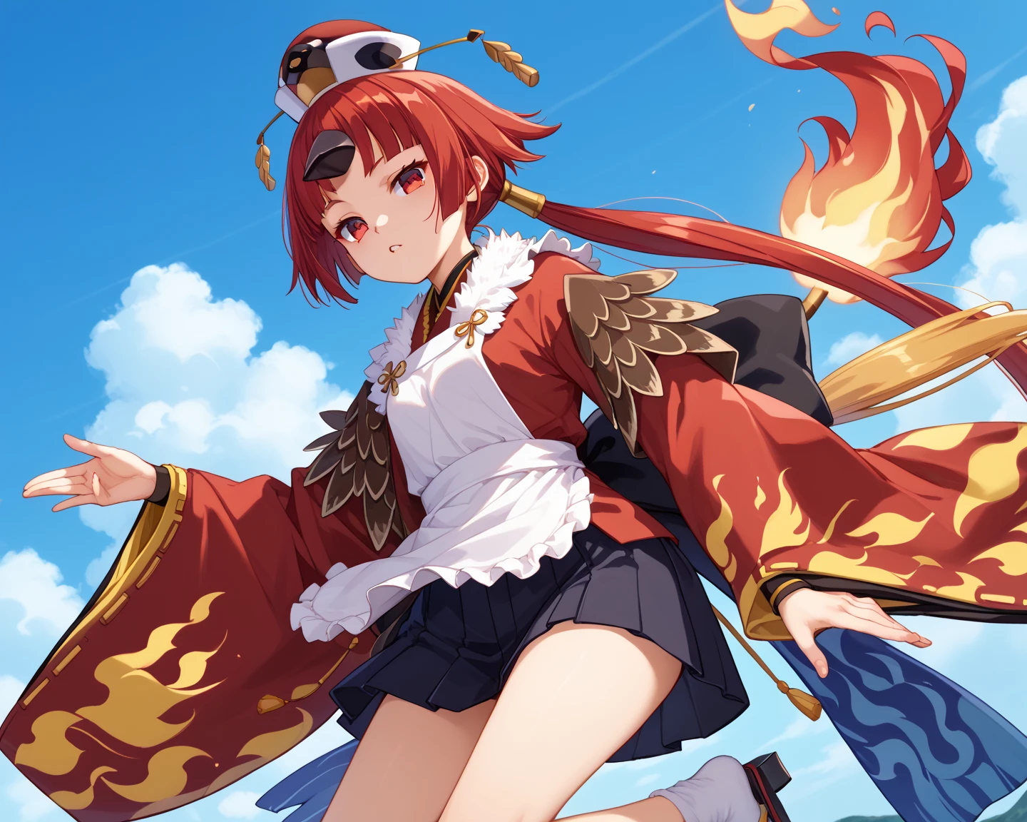  1 girl 、beni-enma、Red Enma、 red eyes、Red Hair、 yellow hair、 long hair、Multicolored Hair、 low ponytail、One Horn、hat、赤いhat、 kimono、kimono、Flame print、Wide sleeves、 apron、Featherの縁取り、Feather、 socks、in the sky, sky