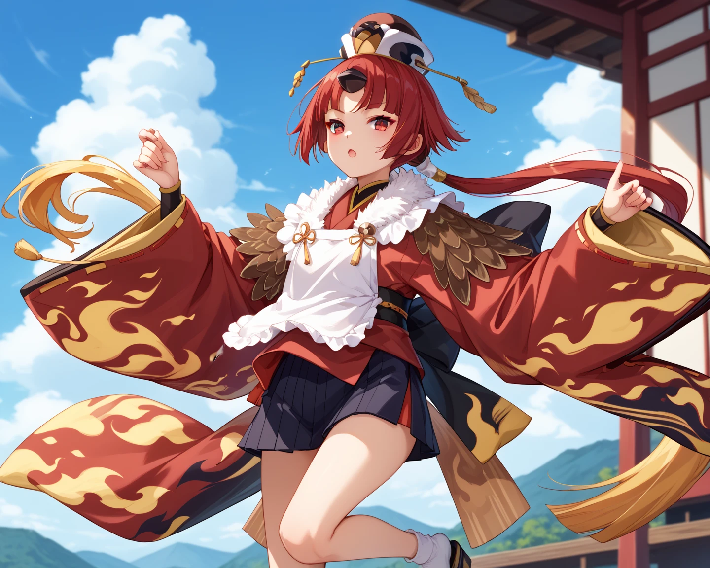  1 girl 、beni-enma、Red Enma、 red eyes、Red Hair、 yellow hair、 long hair、Multicolored Hair、 low ponytail、One Horn、hat、赤いhat、 kimono、kimono、Flame print、Wide sleeves、 apron、Featherの縁取り、Feather、 socks、in the sky, sky