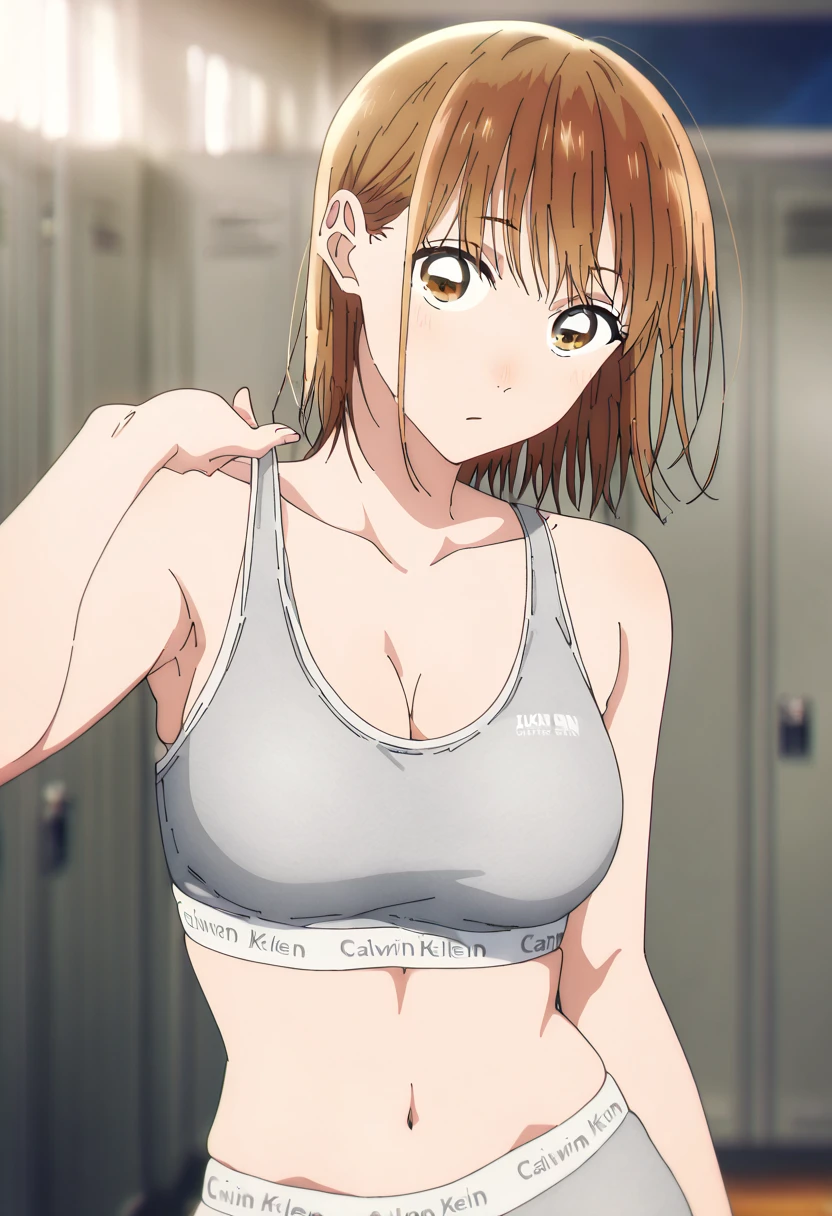  1 girl, Alone, Chinatsu,  Blurry Background,  brown eyes、 sports bra、Calvin klein、 spats、 cleavage、belly button、locker room、 locker、looking at viewer, masterpiece,  top quality,  great quality,   very aesthetic ,  absurd