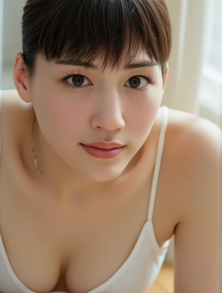 Young woman with short hair sitting in a room wearing white underwear