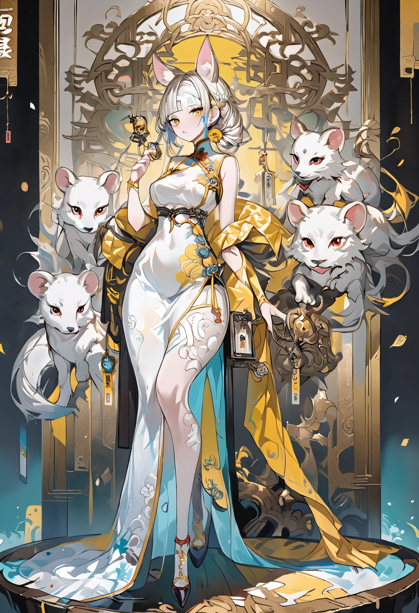 Yellow charm bandage, girl, full body cheongsam, multi-sided display, exquisite vertical painting, OC, white sword man, Jiang Hu, holding a charm hairstyle, a special one with bells hanging, animal ears, exquisite details, vivid 4k, super beautiful face  