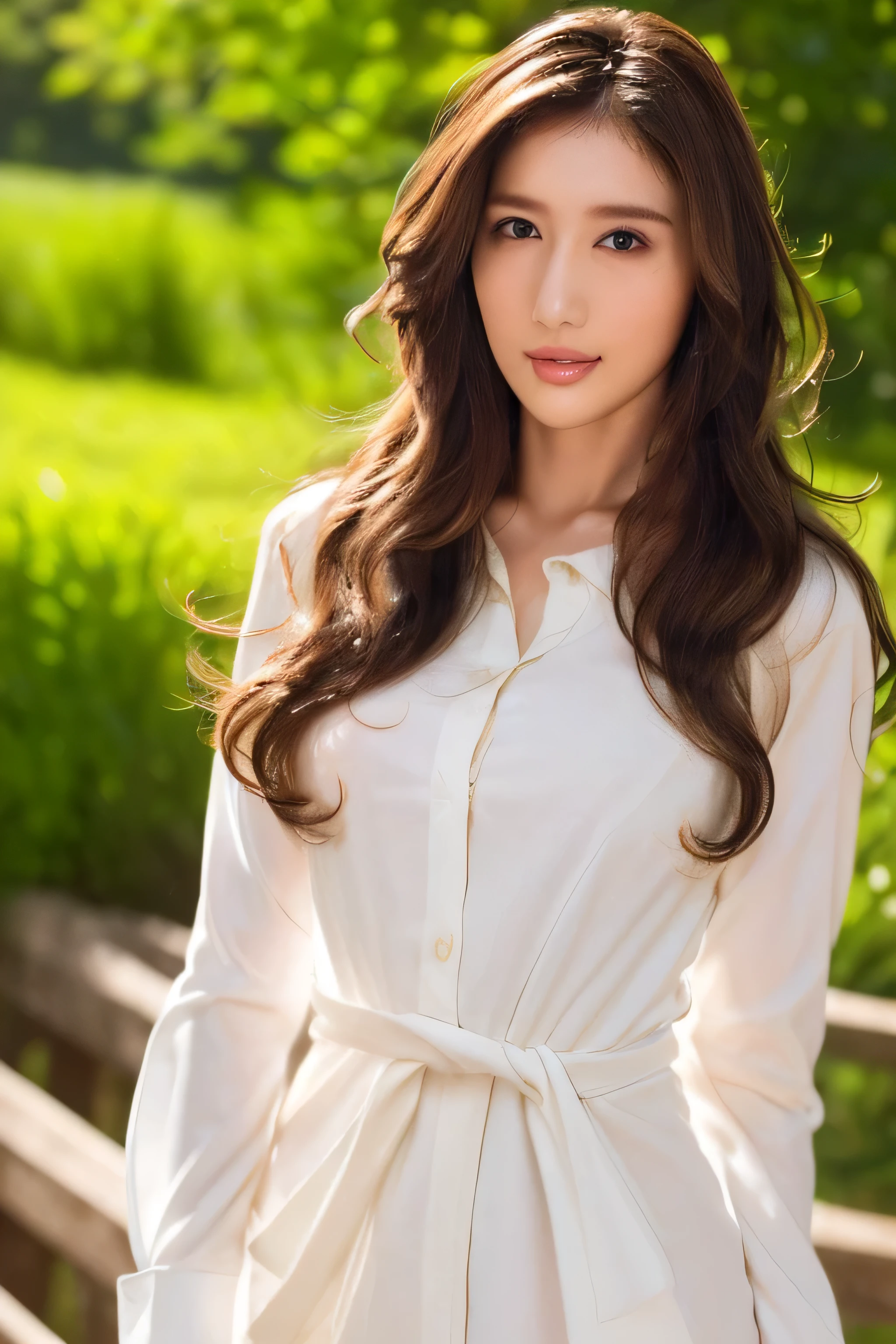  girls with light makeup,  beautiful girl with high breasts 、 Innocent Girls 、((masterpiece)), ((  very detailed face )),  top quality,  surreal,  high definition  ,  Intricate Details ,(Beautiful Delicate Eyes and Lips  ), ( best shadows.  Very Delicate and Beautiful  .),  Beautiful White Skin , smile,  mouth ,  tousled hair　Goodly ,  cowboy shots drive me intensely crazy.((masterpiece)), ((  very detailed face )),  top quality,  surreal,  high definition  ,  Intricate Details ,(Beautiful Delicate Eyes and Lips  ), ( best shadows.  Very Delicate and Beautiful  .),  Beautiful White Skin ,  tousled hair　Goodly ,  cowboy shots drive me intensely crazy)、((Super long brown hair reaching to her waist:1.4)),((Hair with loose waves inside:1.4)),((wearing a white shirt mini dress_long sleeves:1.4)、