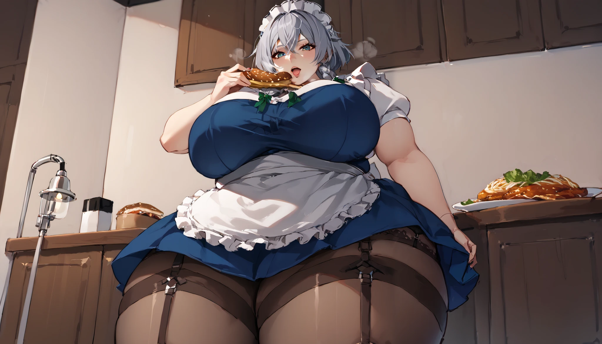 masterpiece、 best quality， very sophisticated、 pantyhose ，（from below ：1.25），Sakuya Khaniayoi，East，alone，Maid head dress、Maid，apron，Short sleeve， dress，erotic pose、Gray Hair、garter belt fat, chubby, obese, gigantic arms and legs, large breasts open mouth, out of breath, pose to the viewer, eating hamburguer, restaurant background