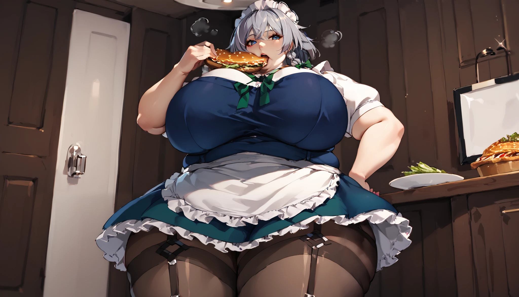 masterpiece、 best quality， very sophisticated、 pantyhose ，（from below ：1.25），Sakuya Khaniayoi，East，alone，Maid head dress、Maid，apron，Short sleeve， dress，erotic pose、Gray Hair、garter belt fat, chubby, obese, gigantic arms and legs, large breasts open mouth, out of breath, pose to the viewer, eating hamburguer, restaurant background