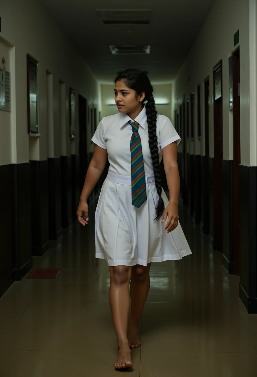 beautiful cute Sri Lankan school girl, in barefoot, Large breast size , 20 years old, wearing a white frock and a colored tie. She has plaits, black braided long hair, cinematic lighting, glowing, movie filter, moody effect, slim body, beautiful Indian face, running away form the viewer, looking back, in a corridor, sad face, full body view