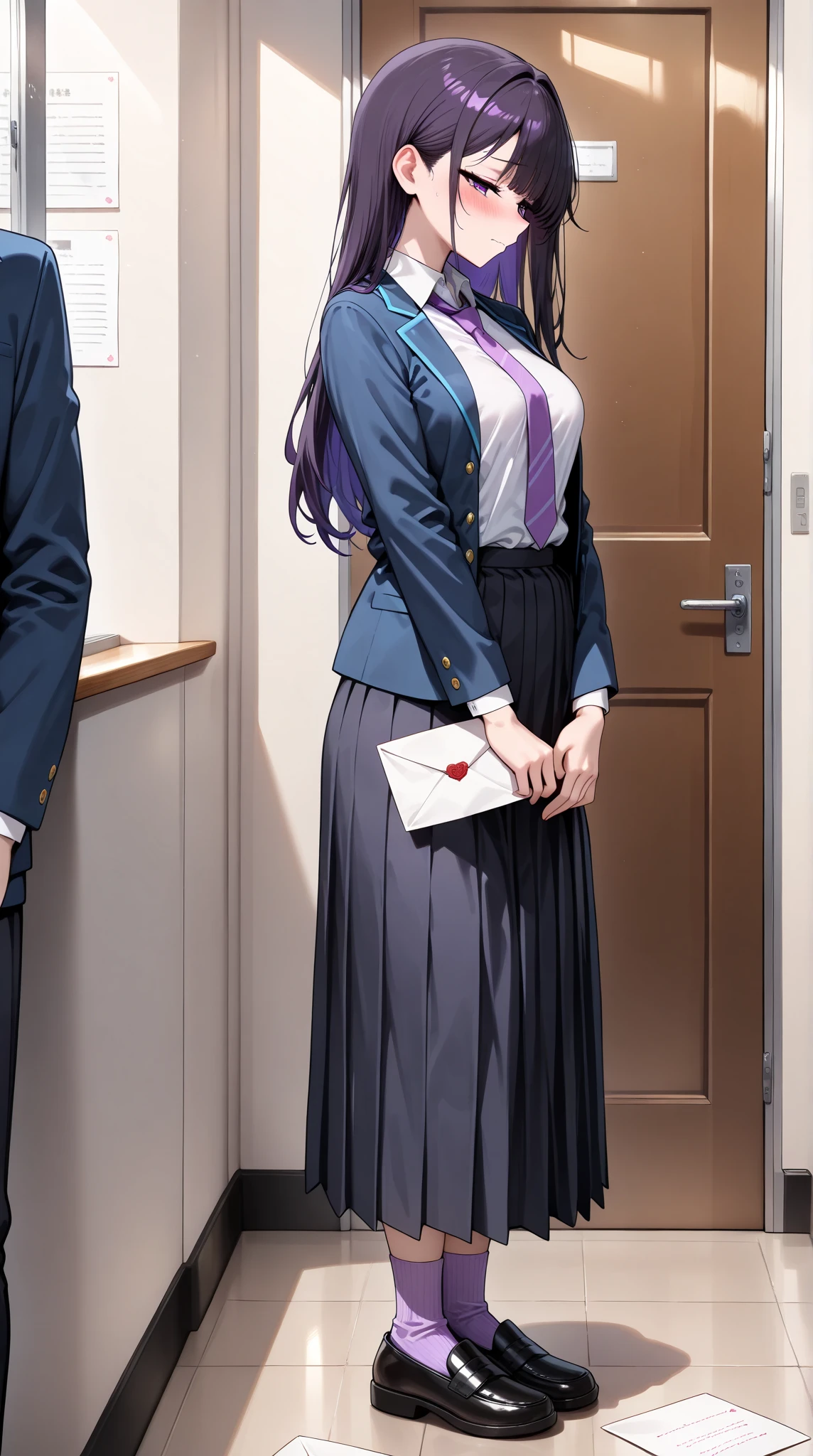 One young and beautiful woman,(masterpiece, top quality, very detailed depiction, Incredibly Absurd High Definition ,High quality anime images),(student服, High School Uniform Blazer ,Uniform shirt, high school uniform long skirt,Purple tie, high socks,Shoes),(student, purple eyes, Half Closed Eyes, look embarrassed,blush, modest breasts,Beautiful legs, healthy legs,Curvaceous Body,),They seem to cherish love letters:1.3,letter,Letter paper, standing:1.3, full body image :1.3,Inside the school, side view:1.3,profile:1.3