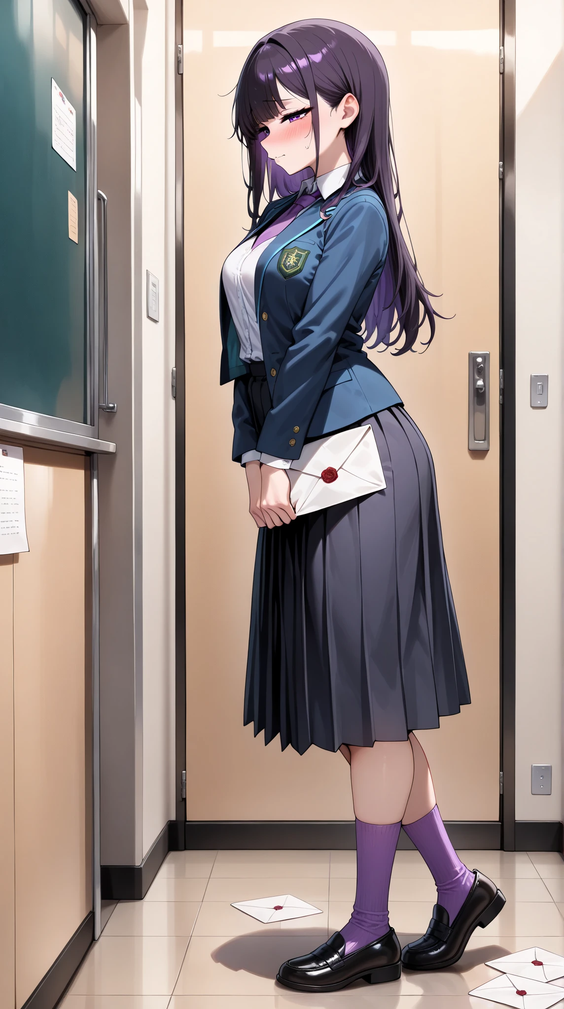 One young and beautiful woman,(masterpiece, top quality, very detailed depiction, Incredibly Absurd High Definition ,High quality anime images),(student服, High School Uniform Blazer ,Uniform shirt, high school uniform long skirt,Purple tie, high socks,Shoes),(student, purple eyes, Half Closed Eyes, look embarrassed,blush, modest breasts,Beautiful legs, healthy legs,Curvaceous Body,),They seem to cherish love letters:1.3,letter,Letter paper, standing:1.3, full body image :1.3,Inside the school, side view:1.3,profile:1.3