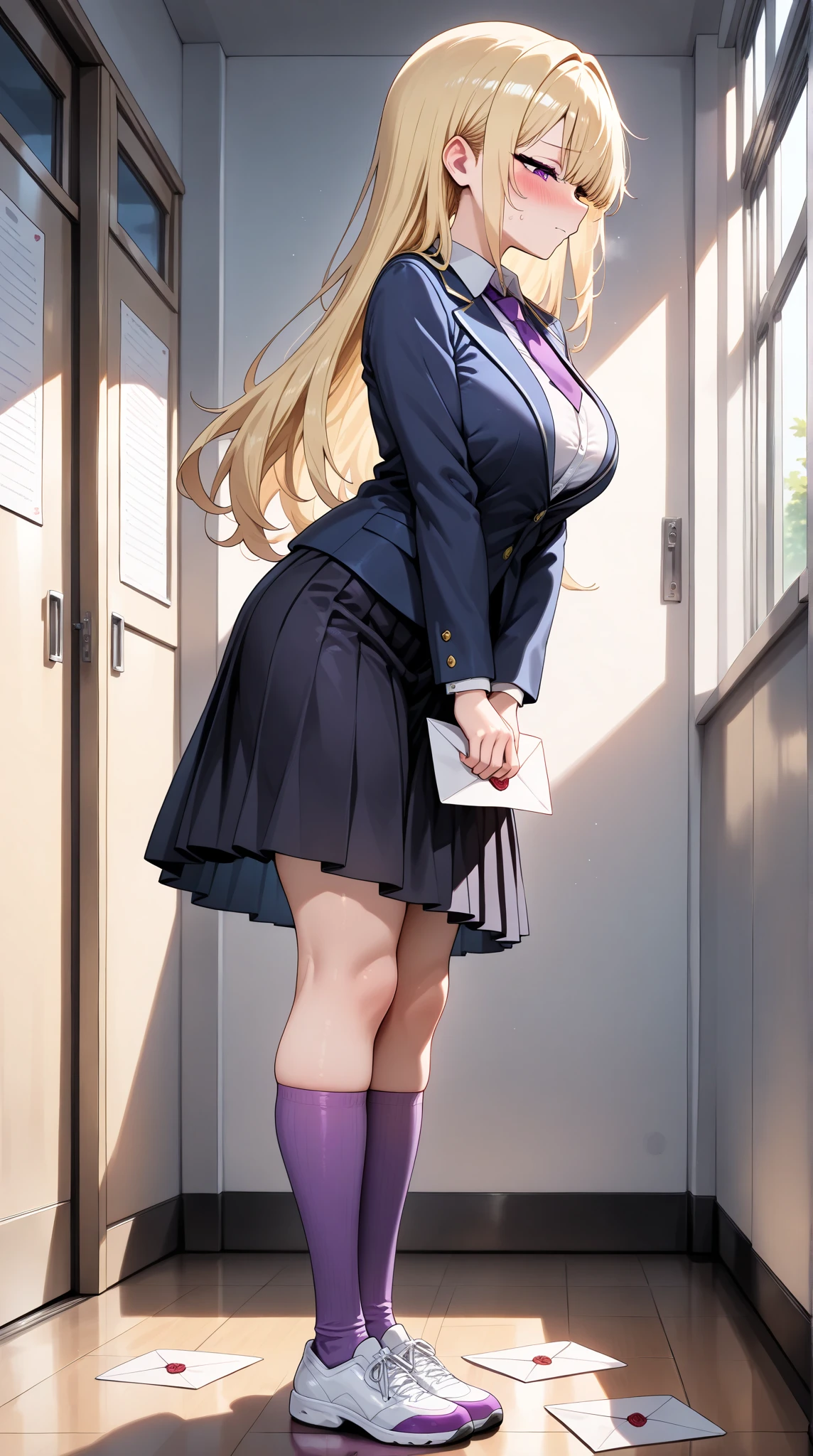 One young and beautiful woman,(masterpiece, top quality, very detailed depiction, Incredibly Absurd High Definition ,High quality anime images),(student服, High School Uniform Blazer ,Uniform shirt, high school uniform long skirt,Purple tie, high socks,Shoes),(student, purple eyes, Half Closed Eyes, look embarrassed,blush, modest breasts,Beautiful legs, healthy legs,Curvaceous Body,),They seem to cherish love letters:1.3,letter,Letter paper, standing:1.3, full body image :1.3,Inside the school, side view:1.3,profile:1.3