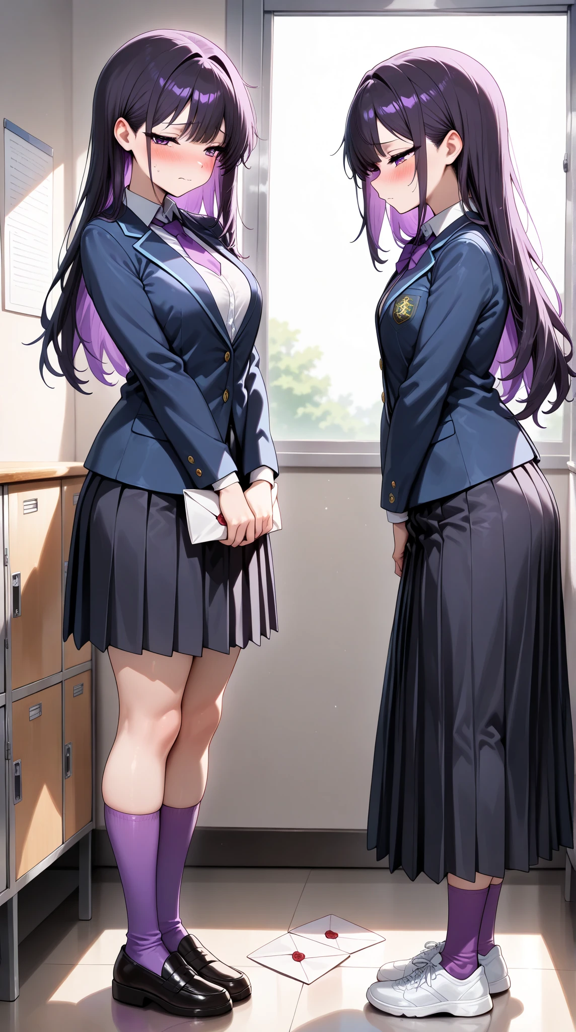 One young and beautiful woman,(masterpiece, top quality, very detailed depiction, Incredibly Absurd High Definition ,High quality anime images),(student服, High School Uniform Blazer ,Uniform shirt, high school uniform long skirt,Purple tie, high socks,Shoes),(student, purple eyes, Half Closed Eyes, look embarrassed,blush, modest breasts,Beautiful legs, healthy legs,Curvaceous Body,),They seem to cherish love letters:1.3,letter,Letter paper, standing:1.3, full body image :1.3,Inside the school, side view:1.3,profile:1.3