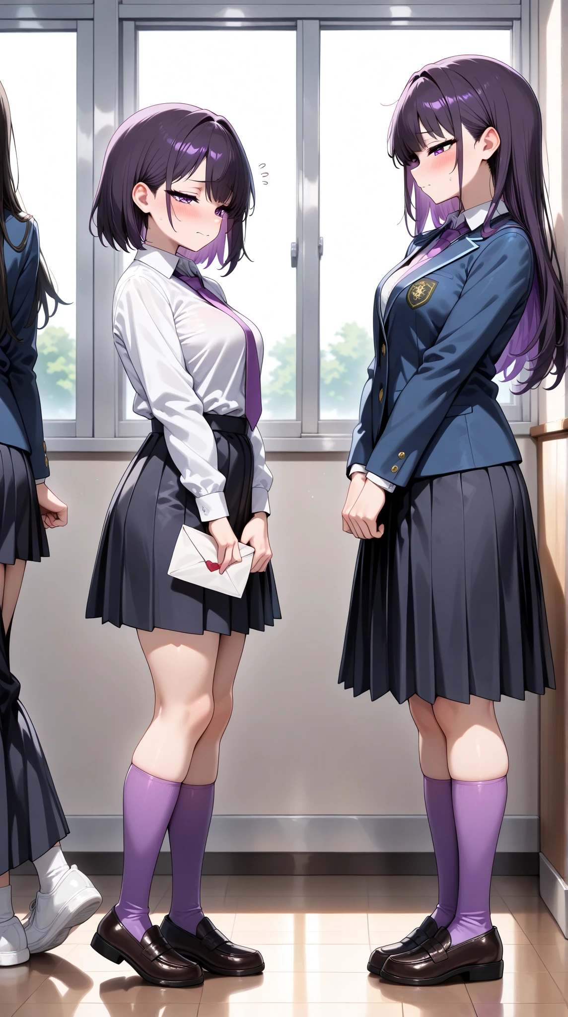 One young and beautiful woman,(masterpiece, top quality, very detailed depiction, Incredibly Absurd High Definition ,High quality anime images),(student服, High School Uniform Blazer ,Uniform shirt, high school uniform long skirt,Purple tie, high socks,Shoes),(student, purple eyes, Half Closed Eyes, look embarrassed,blush, modest breasts,Beautiful legs, healthy legs,Curvaceous Body,),They seem to cherish love letters:1.3,letter,Letter paper, standing:1.3, full body image :1.3,Inside the school, side view:1.3,profile:1.3