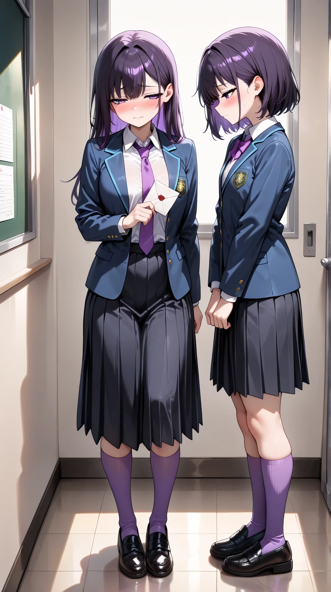 One young and beautiful woman,(masterpiece, top quality, very detailed depiction, Incredibly Absurd High Definition ,High quality anime images),(student服, High School Uniform Blazer ,Uniform shirt, high school uniform long skirt,Purple tie, high socks,Shoes),(student, purple eyes, Half Closed Eyes, look embarrassed,blush, modest breasts,Beautiful legs, healthy legs,Curvaceous Body,),They seem to cherish love letters:1.3,letter,Letter paper, standing:1.3, full body image :1.3,Inside the school, side view:1.3,profile:1.3