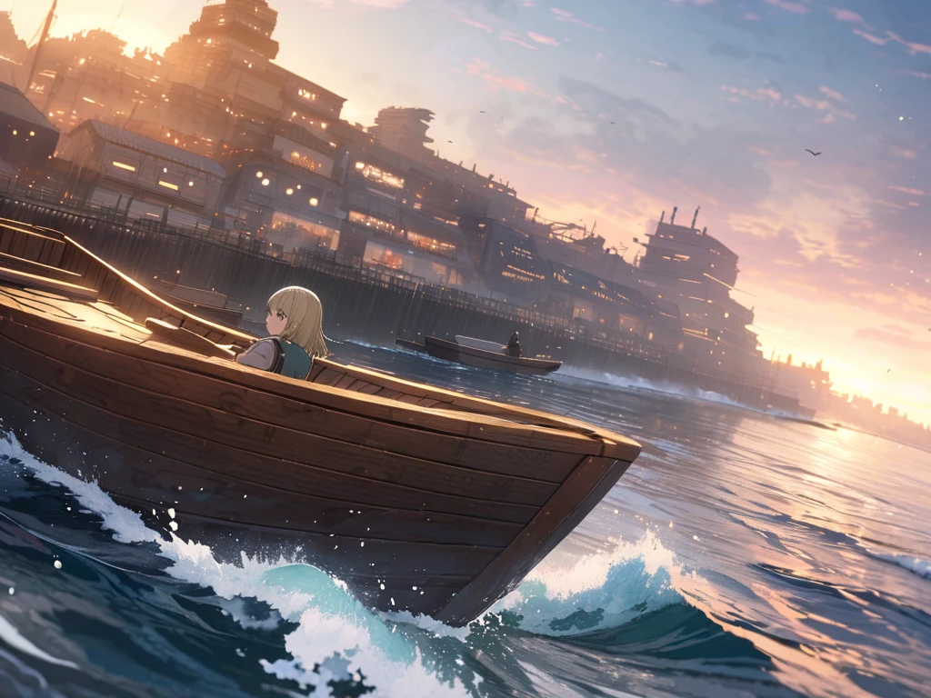 masterpiece, amazing quality, best quality, ultra-detailed, 8K, illustration, CG, shiny hair, clear skin, ultra-detailed-eyes, ultra-detailed-background, general, urban port, city, sea, riding on wooden boat, searching, looking around