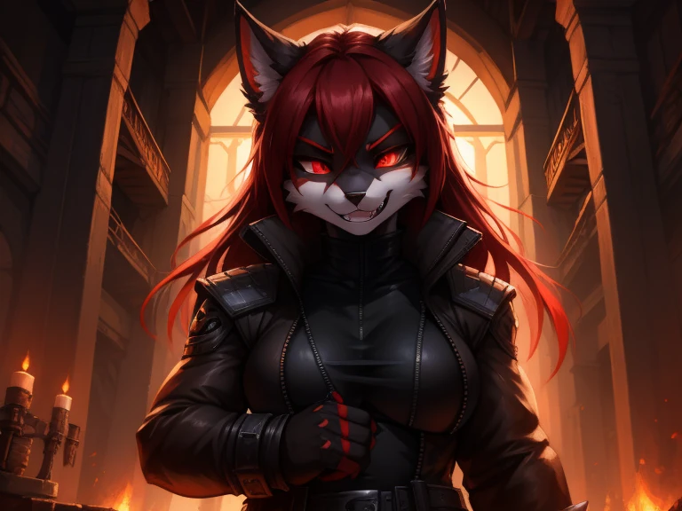 Anthro fur cat, chubby,((anarchist)), absurdity,  high definition ,  ultra-detailed , 1 girl,oversized jacket with ,whole body,  original character,girl, mask from mortal kombat , { better quality }}, {{ masterpiece fails}}, {{ ultra-detailed }}, {illustration}, {Detailed light},kemono style, , silver fur, gray stripes on the body,  glowing red eyes ,  long red hair , Hair Cut, :3, she is dressed as Scarlet from Mortal Kombat, Scarlet cosplay  , Evil pose, grinning, using blood magic , от fluff-kevlar, por zackary911, por Kenket, por Kilinah, от fluff-kevlar,