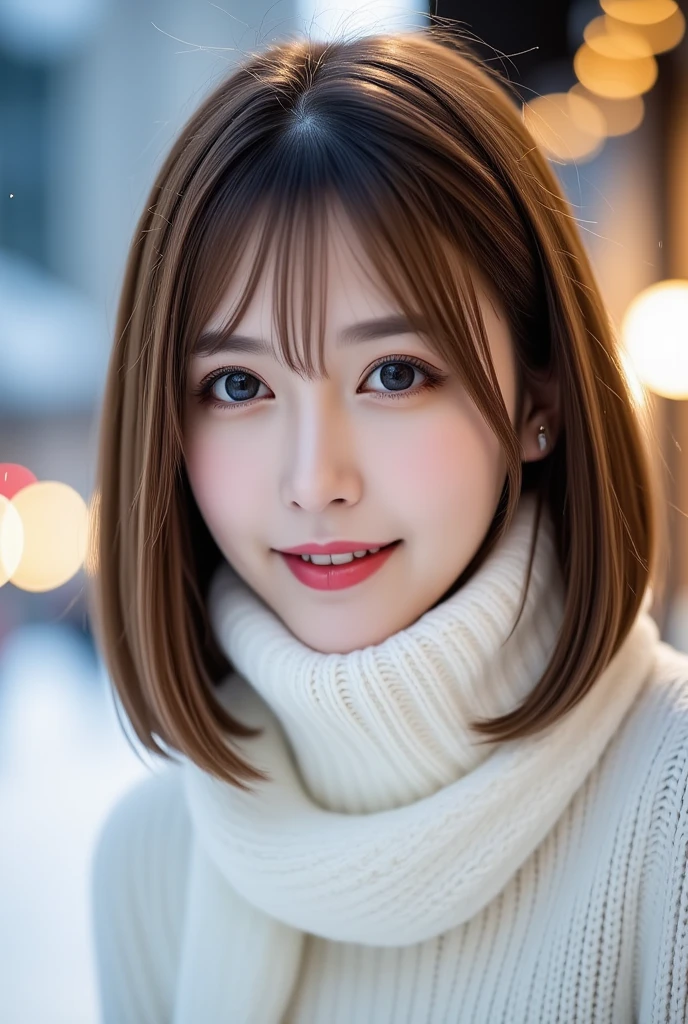 12Ｋ、ＨＤＲ、 Japanese、 bits deep 10 bits、 (  white sweater),((white knitted scarf )),  ( realistic ,   photorealistic :1.4), masterpiece,    Very Delicate and Beautiful   ,   very detailed,    very detailed目と顔,    beautiful detailed nose ,   Beautiful Detailed Eyes ,   cinematic lighting,City lights at night,  COMPLETE ANATOMY ,smile  ( my hair is swaying in the wind、 light brown hair ,)、smile、   a woman who feels mature sex appeal 、((Snow falls in the background ))  、((I can see snow in the background )) 、 クリアホワイトスキン  、  happy face、 blue eyes、Portrait Style、White teeth are visible、