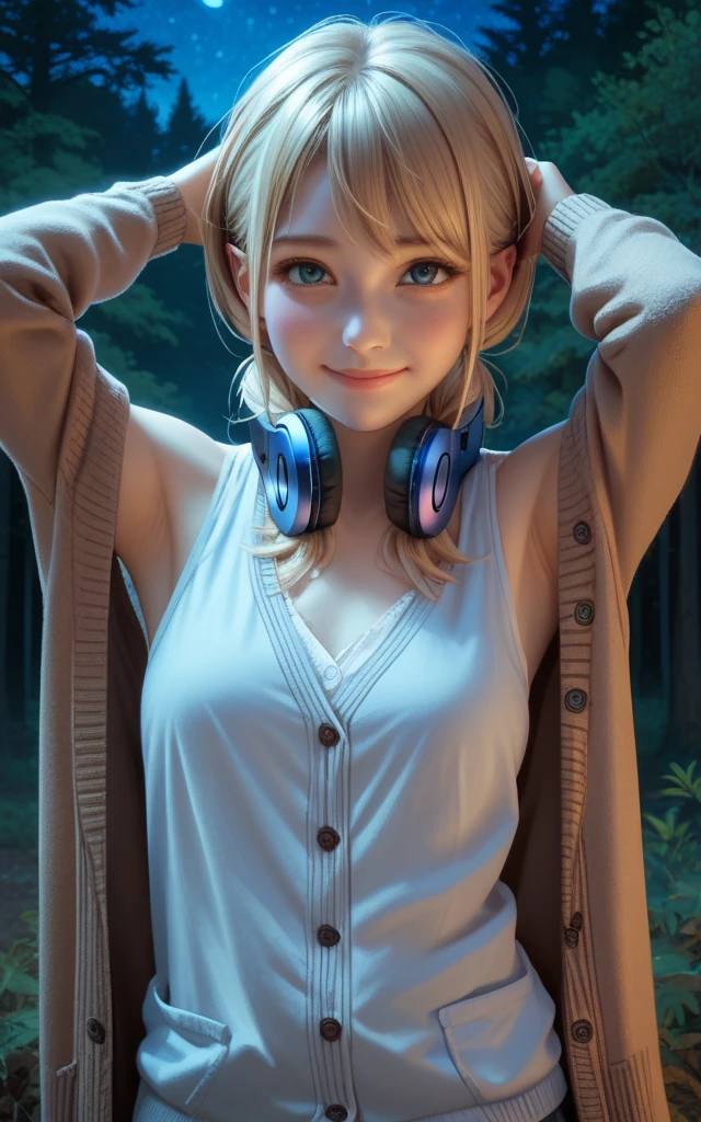 solo, 1girl, looking at viewer, 2D, anime, anime coloring, high quality, closed mouth, solo, upper body, night sky, forest, arms behind head, contrapposto, shy smile, spread armpits, cardigan, headphones around neck, looking at viewer, smile, bare shoulders, fellatio gesture