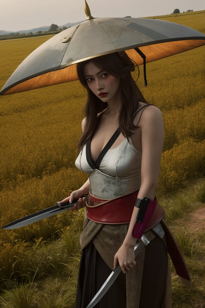 masterpiece,  best quality, 1 woman, Alone,  surreal , IncrsUnsheathingAKatanaMeme, sheath, holding sheath, scarlet \(Moment \), hat, yellow eyes, knife, Katana, Field,  standing ,  looking at visitors {x} with freckles, opening lips