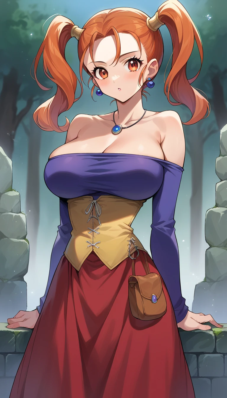 score_9, score_8_up, score_7_up,  source_Anime,  Jessica Albert ,  Jessica Albert , (((Big Breasts)))、 orange hair,  Twin Tails , Bare shoulders,  clevis on a stone,  dress,  earrings, gem,  off shoulder , off-shoulder  dress, purple  shirt,  shirt,  strapless ,  strapless   dress,  corset, Ryokan Background、looking at viewer,