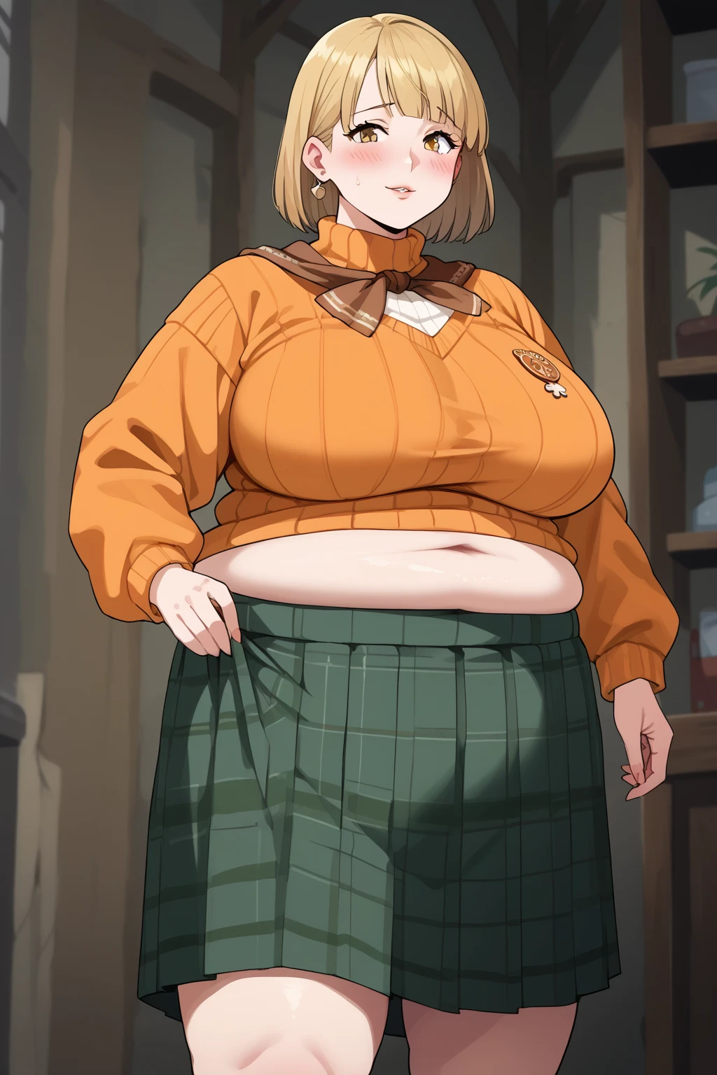 Fat Heather Mason, green_skirt, white_jacket, short hair, Big Cheeks, Cute and Fat face, orange_turtleneck