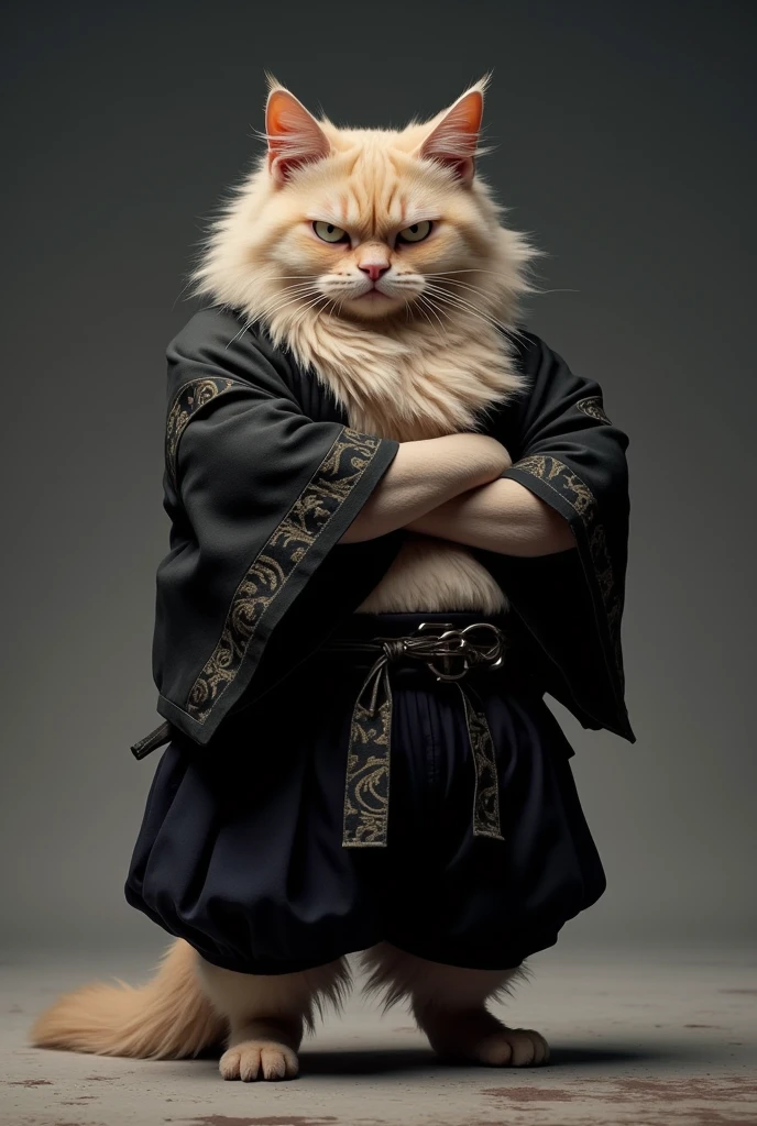 A realistic photo portrait of a grumpy, fluffy chubby black cat standing upright with its arms crossed. Wearing a Dogi and hakama with gothic pattern, Japanese traditional uniform with hakama, The cat has a thick, soft beige fur coat, a round body, and sharp, piercing eyes that convey annoyance. The background is minimalistic, featuring a smooth gradient from dark gray to light gray, with a subtle textured floor beneath the cat. The lighting emphasizes the texture of the fur, creating a soft glow around the figure. The overall style is realistic with a touch of cartoonish exaggeration, focusing on the cat's expressive face and confident stance.