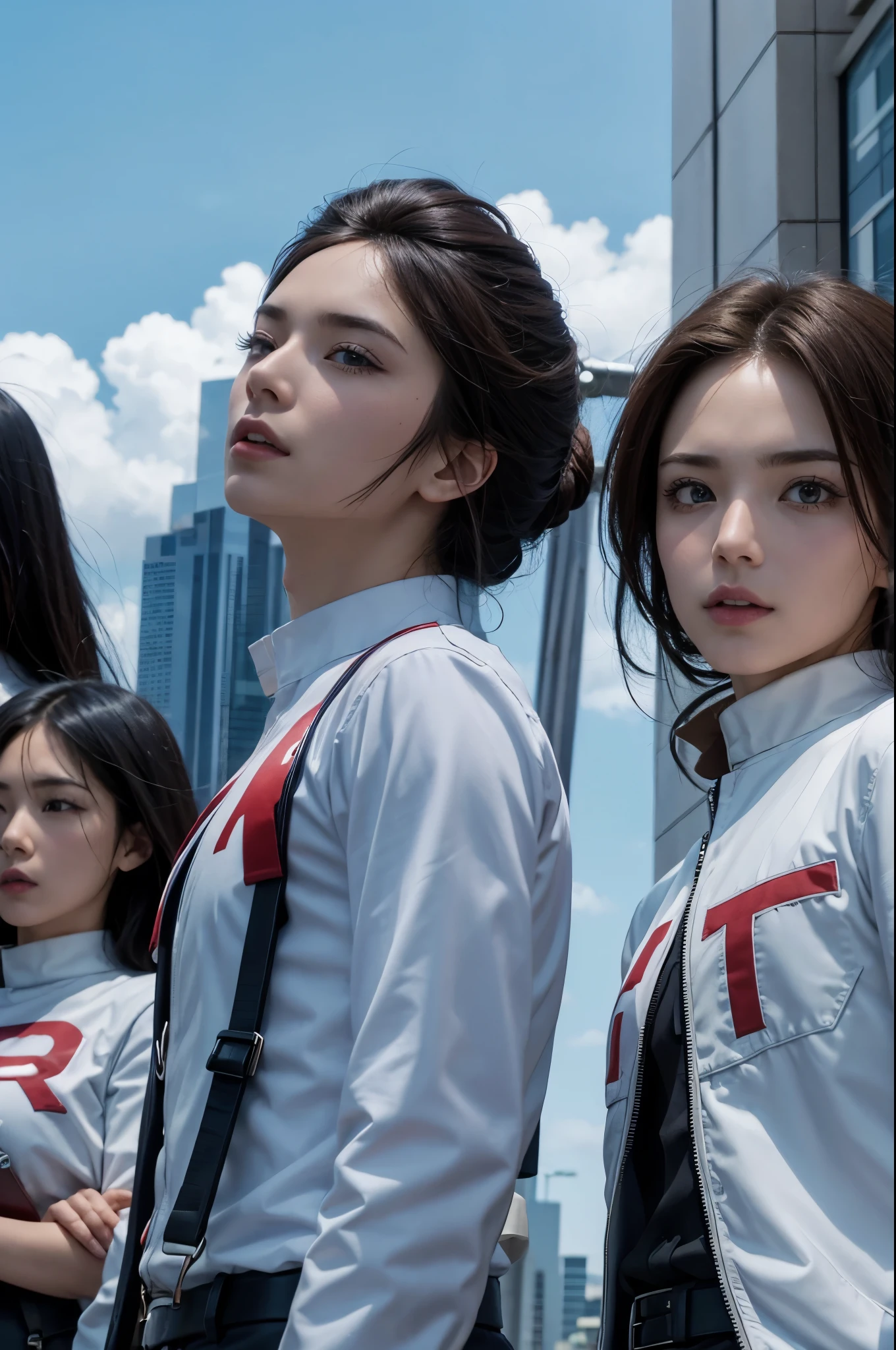 team rocket、live-action、 real、 face up、profile、Downtown、 Looking Up at the Sky 、 Team Rocket uniform 、