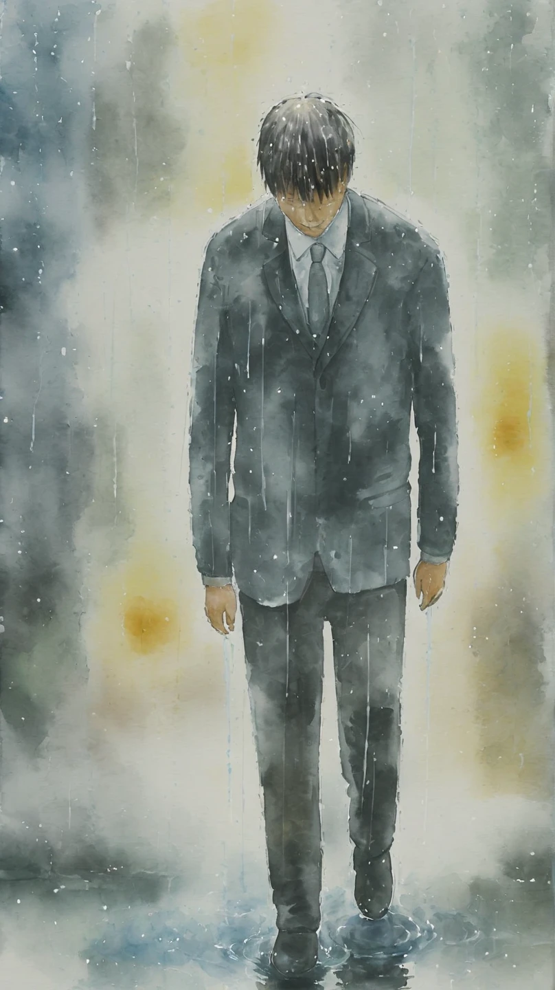 watercolor painting of a man in suit in the rain. full body shot of the man who is soaked under the rain. he tilts his head up to face the rain, the rainwater flows down his face. he is walking in the street, holding his hands out to feel the rain. watercolor brushes stroke painting style. the sky is dark.
