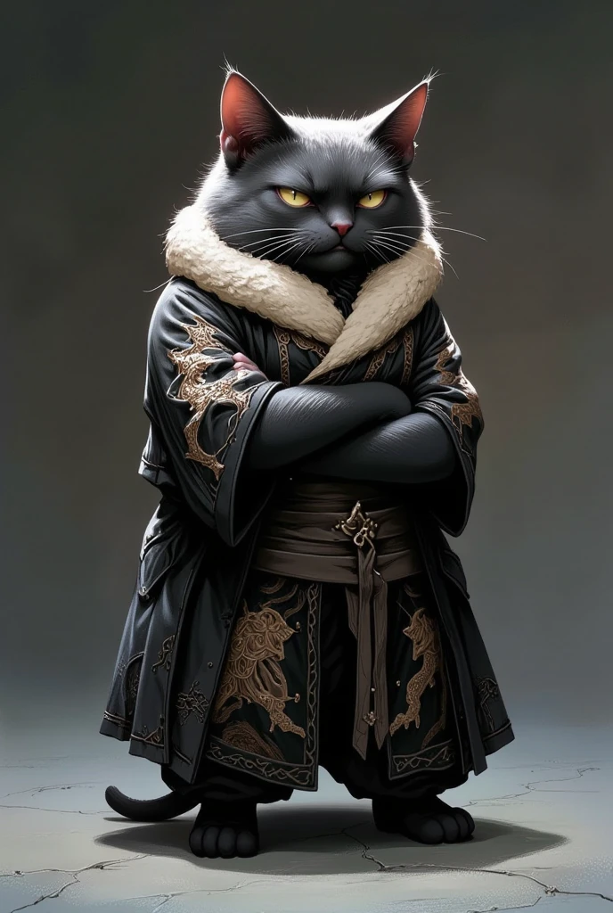 A realistic photo portrait of a grumpy, fluffy chubby black cat standing upright with its arms crossed. Wearing a Dogi and hakama with gothic pattern, Japanese traditional uniform with hakama, The cat has a thick, soft beige fur coat, a round body, and sharp, piercing eyes that convey annoyance. The background is minimalistic, featuring a smooth gradient from dark gray to light gray, with a subtle textured floor beneath the cat. The lighting emphasizes the texture of the fur, creating a soft glow around the figure. The overall style is realistic with a touch of cartoonish exaggeration, focusing on the cat's expressive face and confident stance.