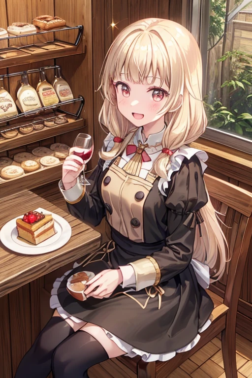 masterpiece, best quality,   <lora:klee:1>,1girl, klee (genshin impact), food, cake, hat, red headwear, gloves, brown gloves, chair, pointy ears, clover print, teacup, cup, bangs, clock, long sleeves, cabbie hat, arm up, hair between eyes, ahoge, light brown hair, fruit, long hair, strawberry, table, solo, twintails, hat feather, fork, sidelocks, plate, low twintails, red coat, open mouth, holding, indoors, looking at viewer, sitting, hat ornament, dodoco (genshin impact), orange eyes, coat, bag, wall clock, teapot, scarf, cake slice, brown scarf, tea, backpack, holding fork, candle, bookshelf, spoon, saucer, window, strawberry shortcake, tiered tray, blonde hair, red eyes, :o, charm (object), jumpy dumpty, feathers, book, candlestand, :d, picture frame, cupcake, tablecloth, analog clock, birthday cake, smile