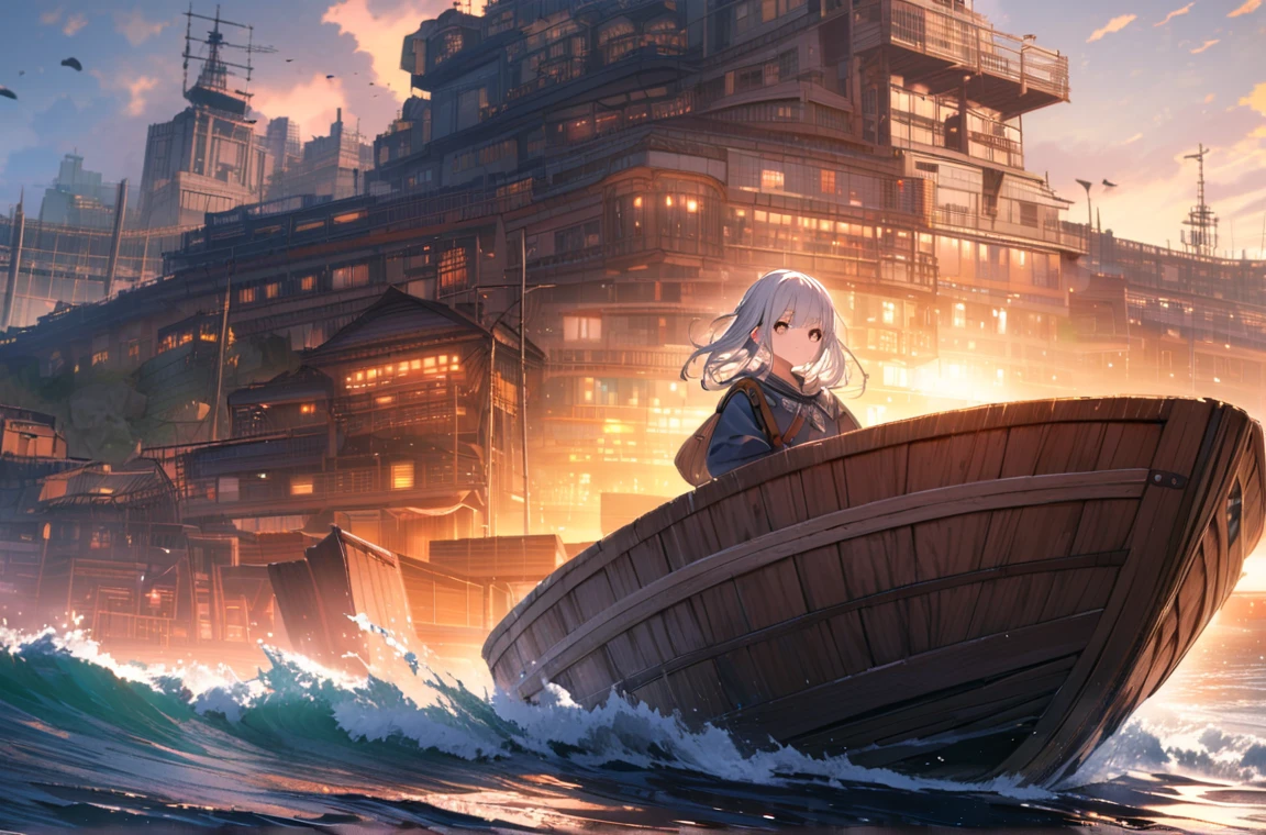 masterpiece, amazing quality, best quality, ultra-detailed, 8K, illustration, CG, shiny hair, clear skin, ultra-detailed-eyes, ultra-detailed-background, general, 1girl, urban port, city, sea, riding on little wooden boat,  girl looking around, カウボーイショット, 